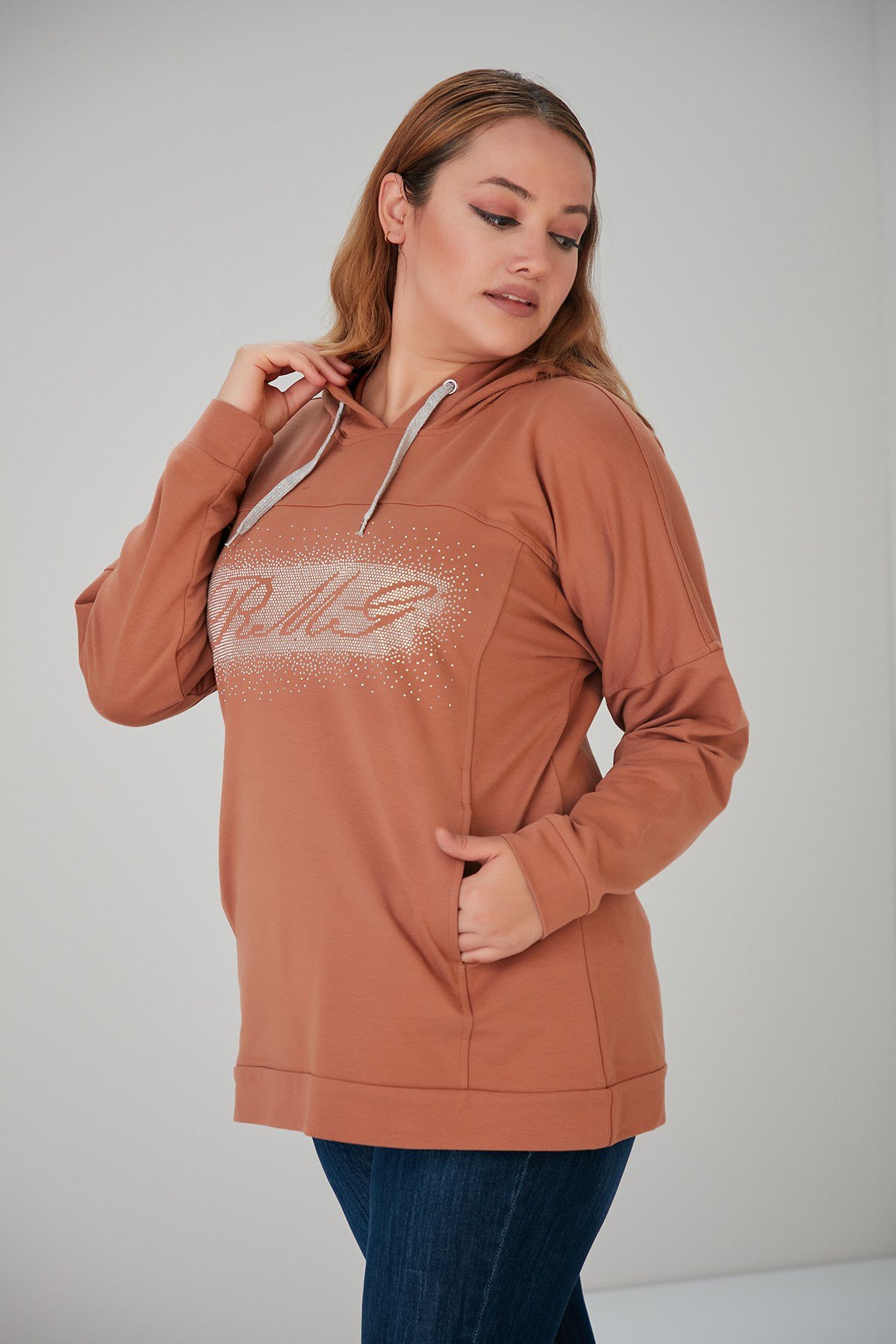 Rmg Taş İşlemeli Büyük Beden Camel Sweatshirt