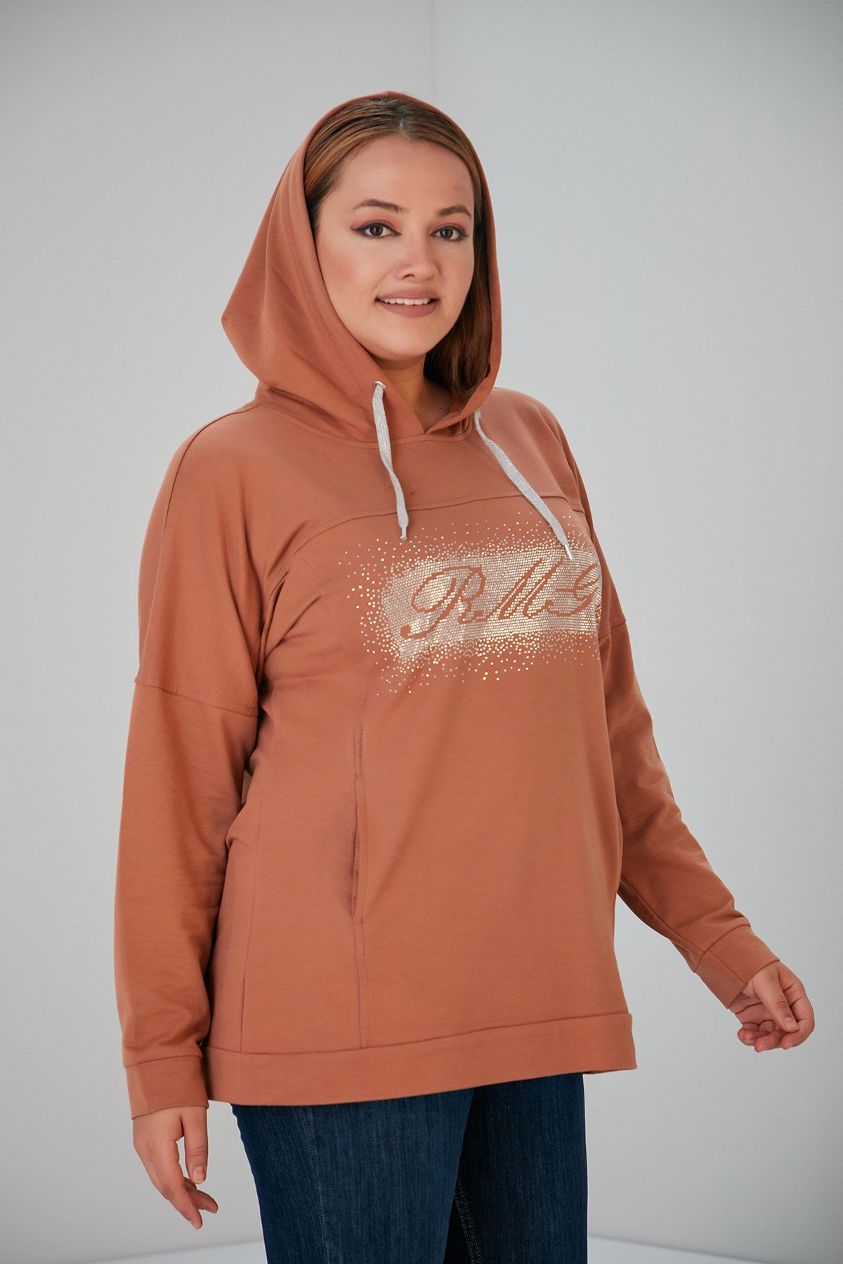 Rmg Taş İşlemeli Büyük Beden Camel Sweatshirt