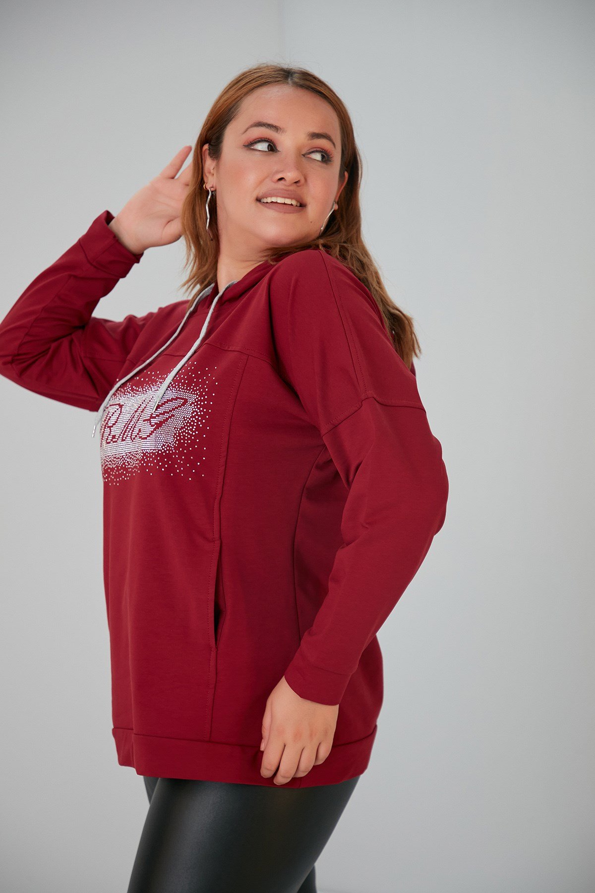 Rmg Taş İşlemeli Büyük Beden Vişne Sweatshirt