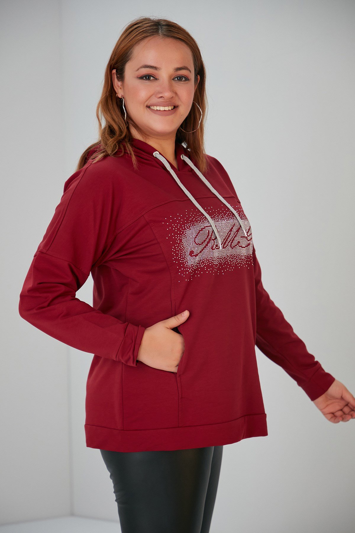 Rmg Taş İşlemeli Büyük Beden Vişne Sweatshirt