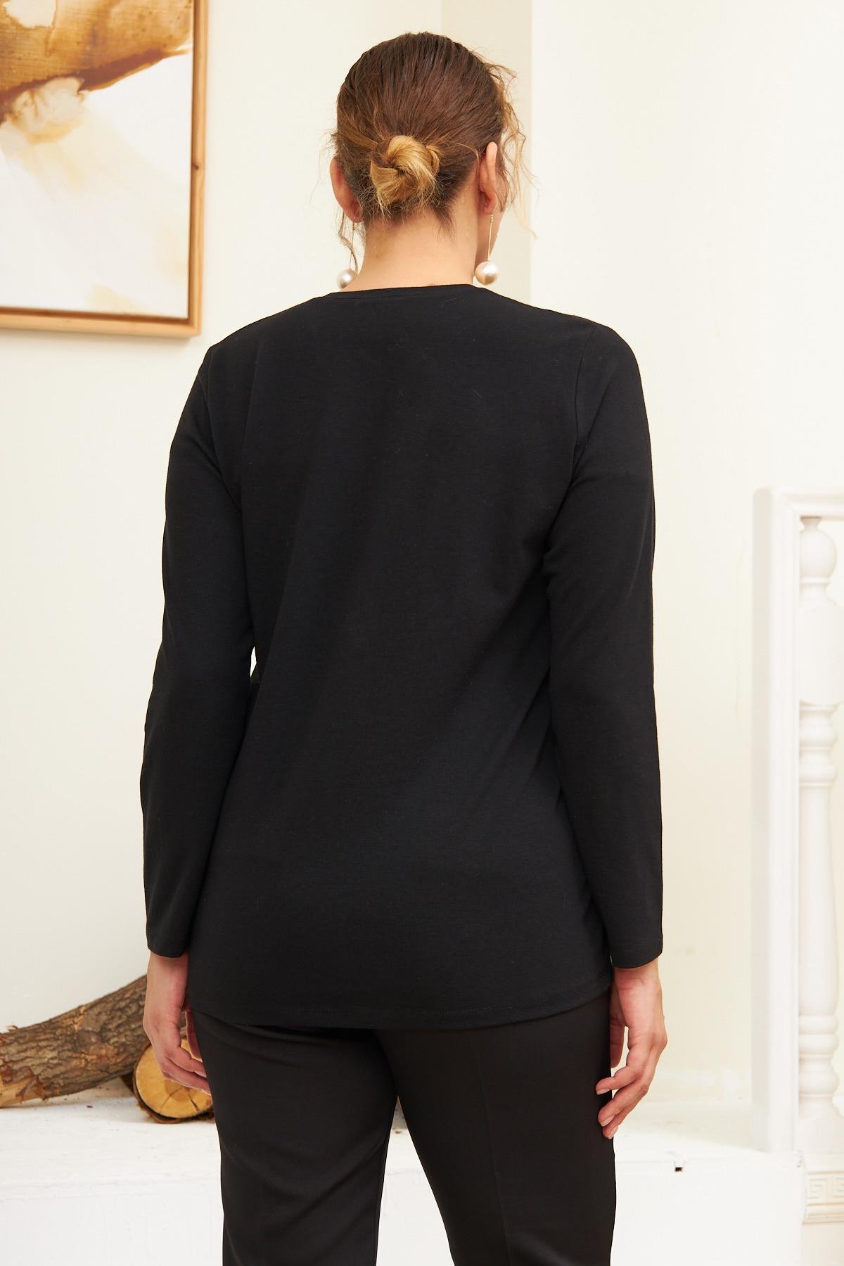 Rmg Taş ve Tül Detaylı Büyük Beden Siyah Bluz