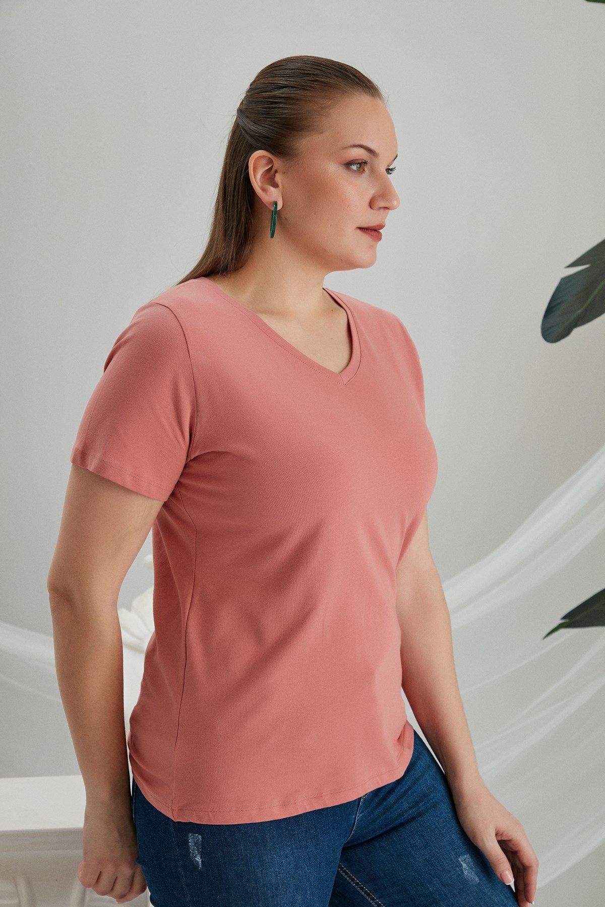 RMG V Yaka Büyük Beden Gül Kurusu Tişört