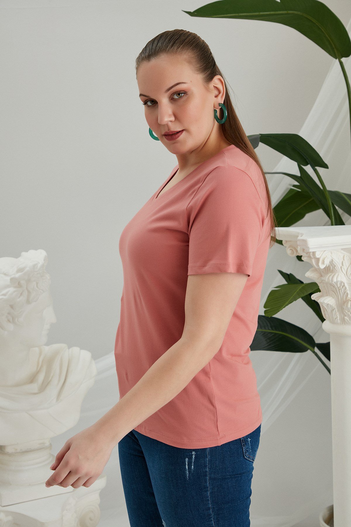 RMG V Yaka Büyük Beden Gül Kurusu Tişört