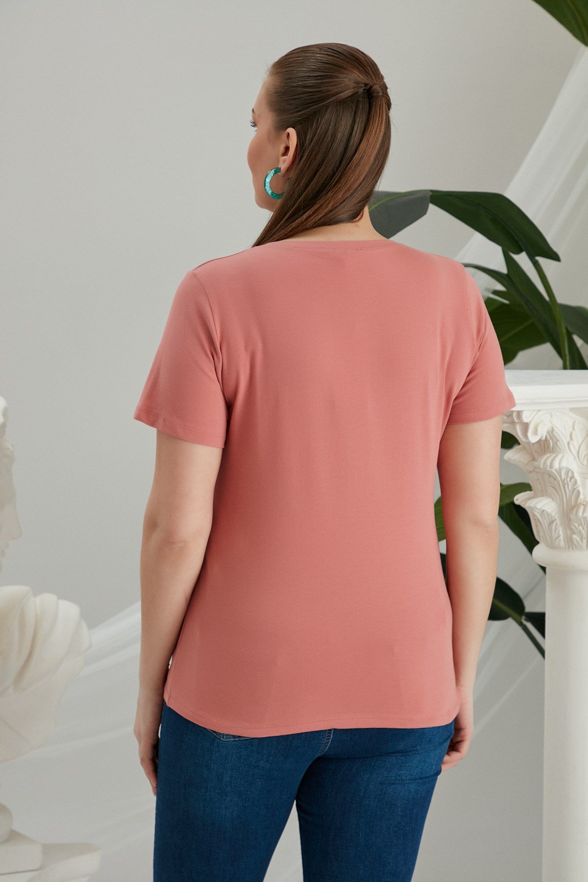 RMG V Yaka Büyük Beden Gül Kurusu Tişört