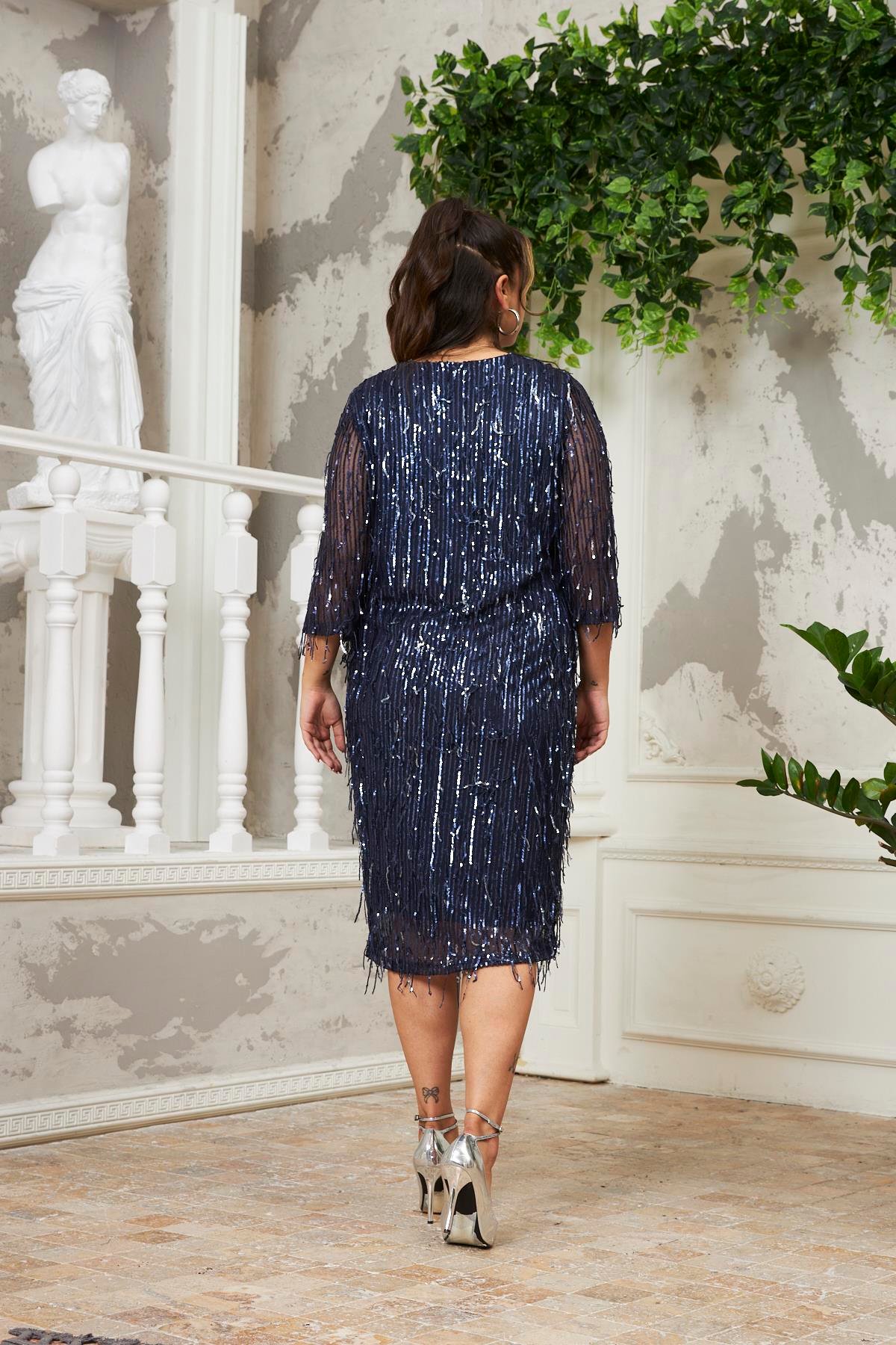 Rmg V Yaka Pul Payet Saçaklı Büyük Beden Lacivert Abiye Elbise