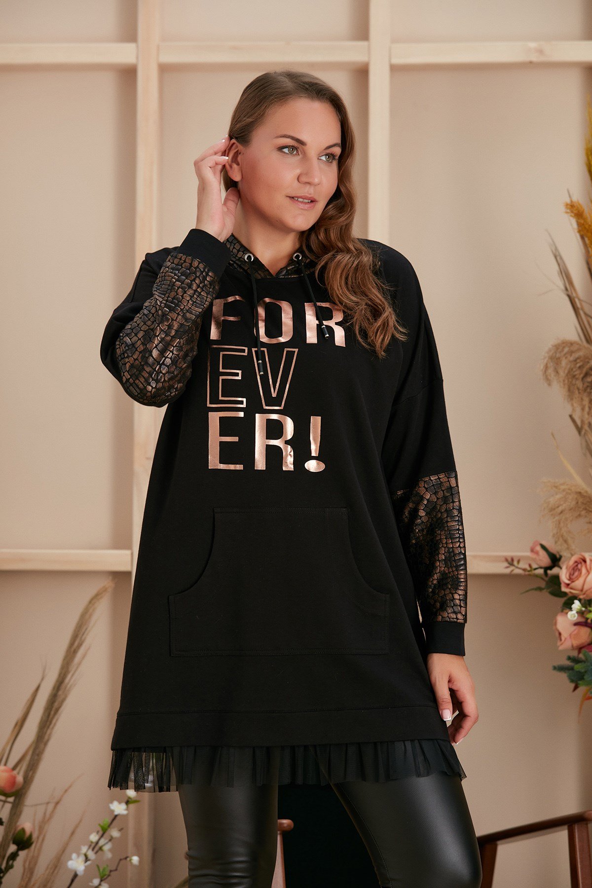 Rmg Varak Baskılı Kol Detaylı Büyük Beden Siyah Sweatshirt