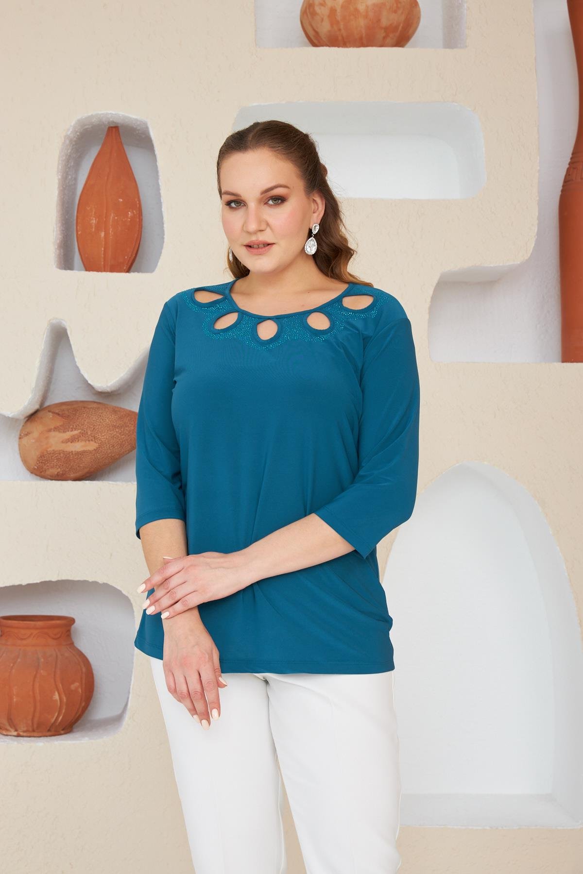 Rmg Yaka Taş Detaylı Büyük Beden İndigo Bluz	