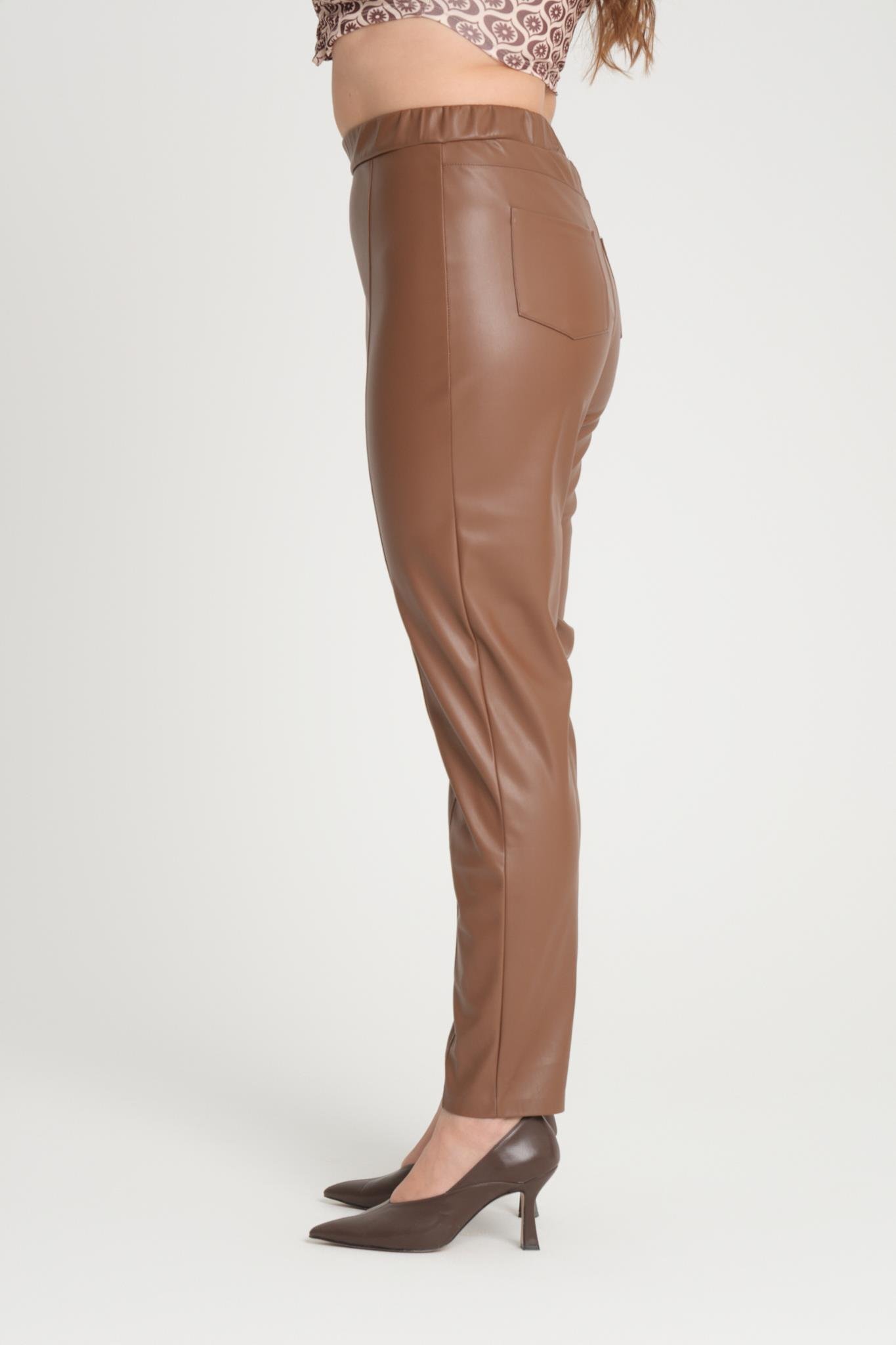 Rmg Yanı Fermuarlı Büyük Beden Taba Deri Pantolon