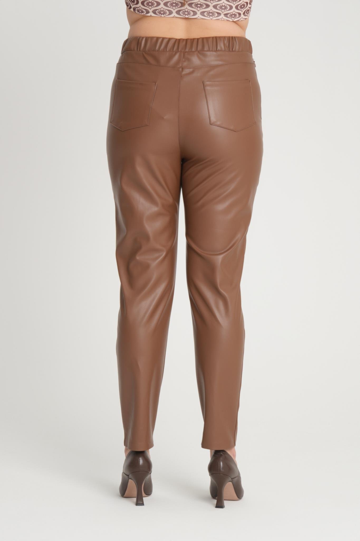 Rmg Yanı Fermuarlı Büyük Beden Taba Deri Pantolon