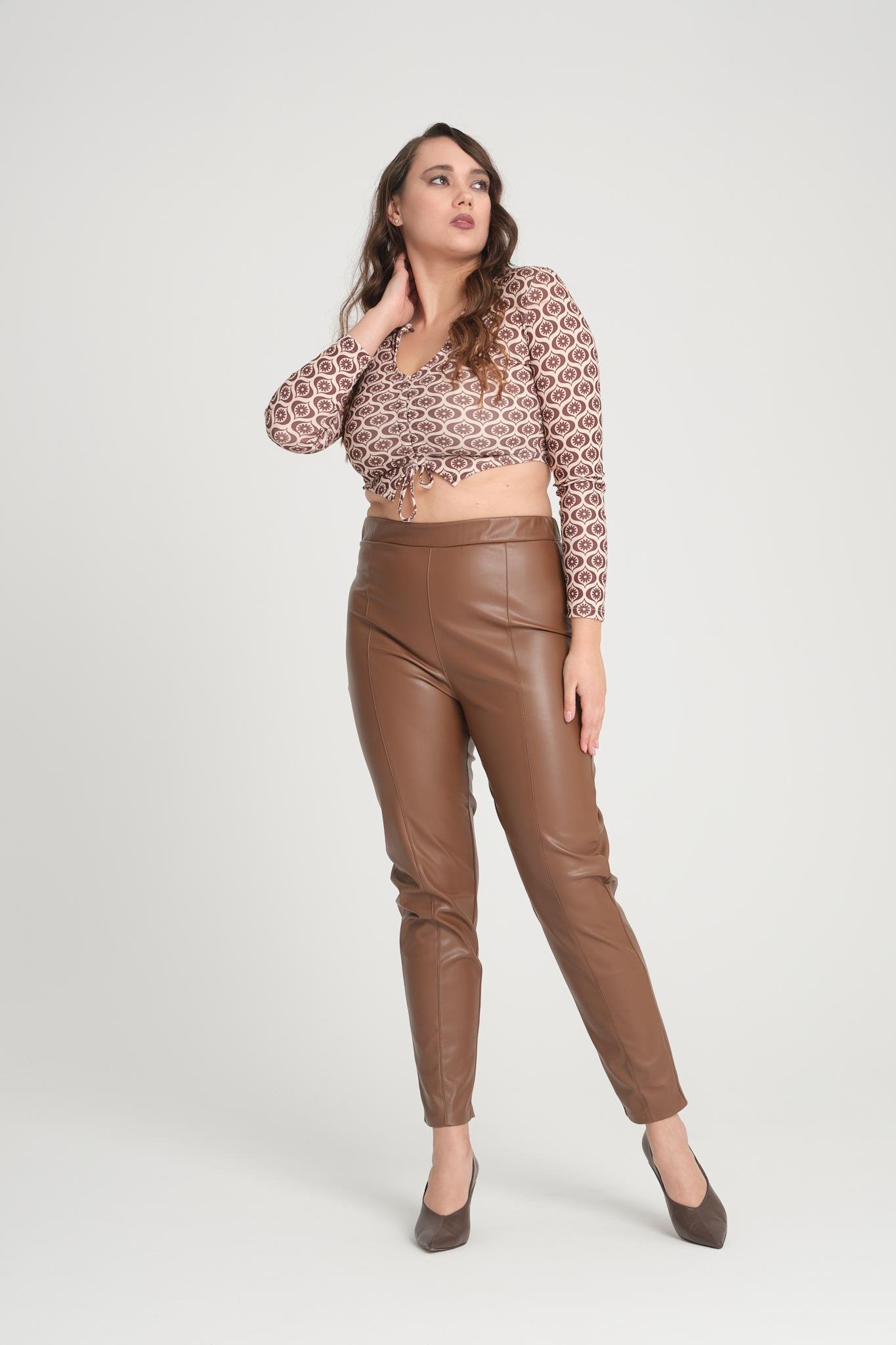 Rmg Yanı Fermuarlı Büyük Beden Taba Deri Pantolon