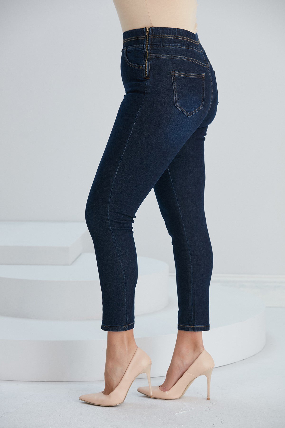 RMG Yanları Fermuarlı Beli Lastikli Büyük Beden Lacivert Kot Pantolon