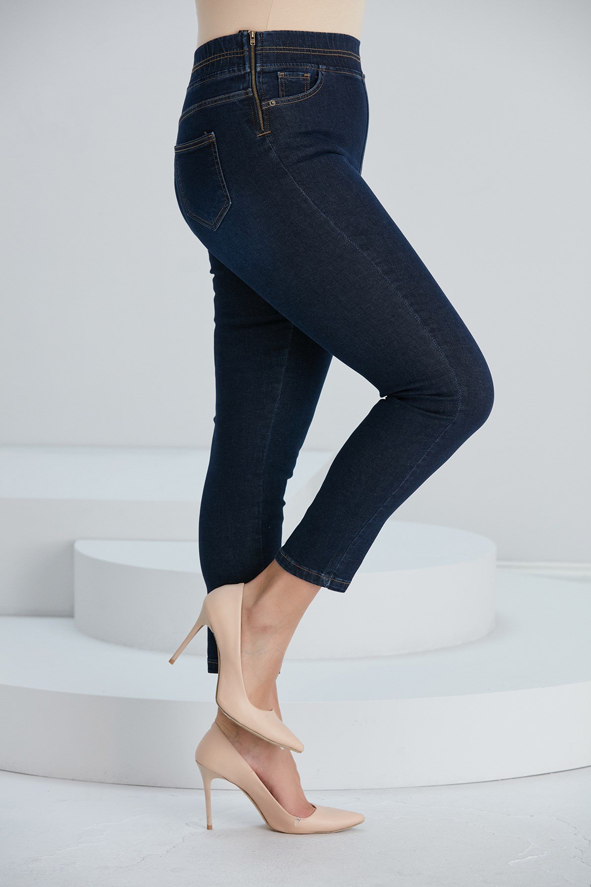 RMG Yanları Fermuarlı Beli Lastikli Büyük Beden Lacivert Kot Pantolon