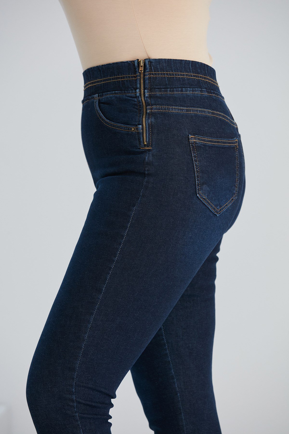 RMG Yanları Fermuarlı Beli Lastikli Büyük Beden Lacivert Kot Pantolon