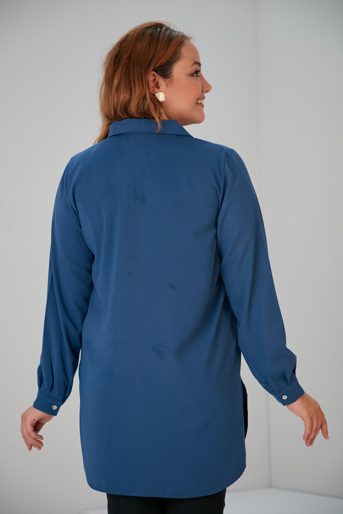 Rmg Yanları Yırtmaçlı Büyük Beden İndigo Gömlek