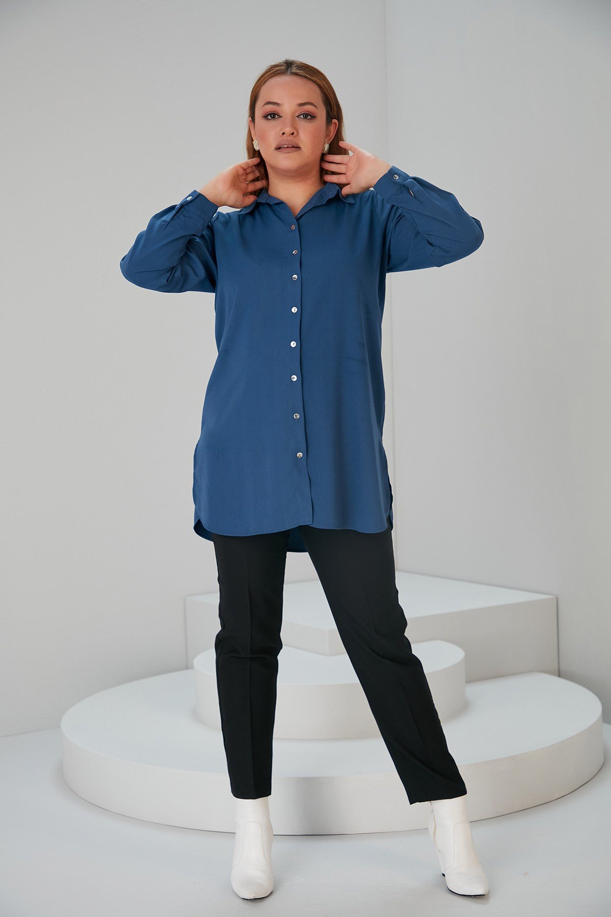 Rmg Yanları Yırtmaçlı Büyük Beden İndigo Gömlek