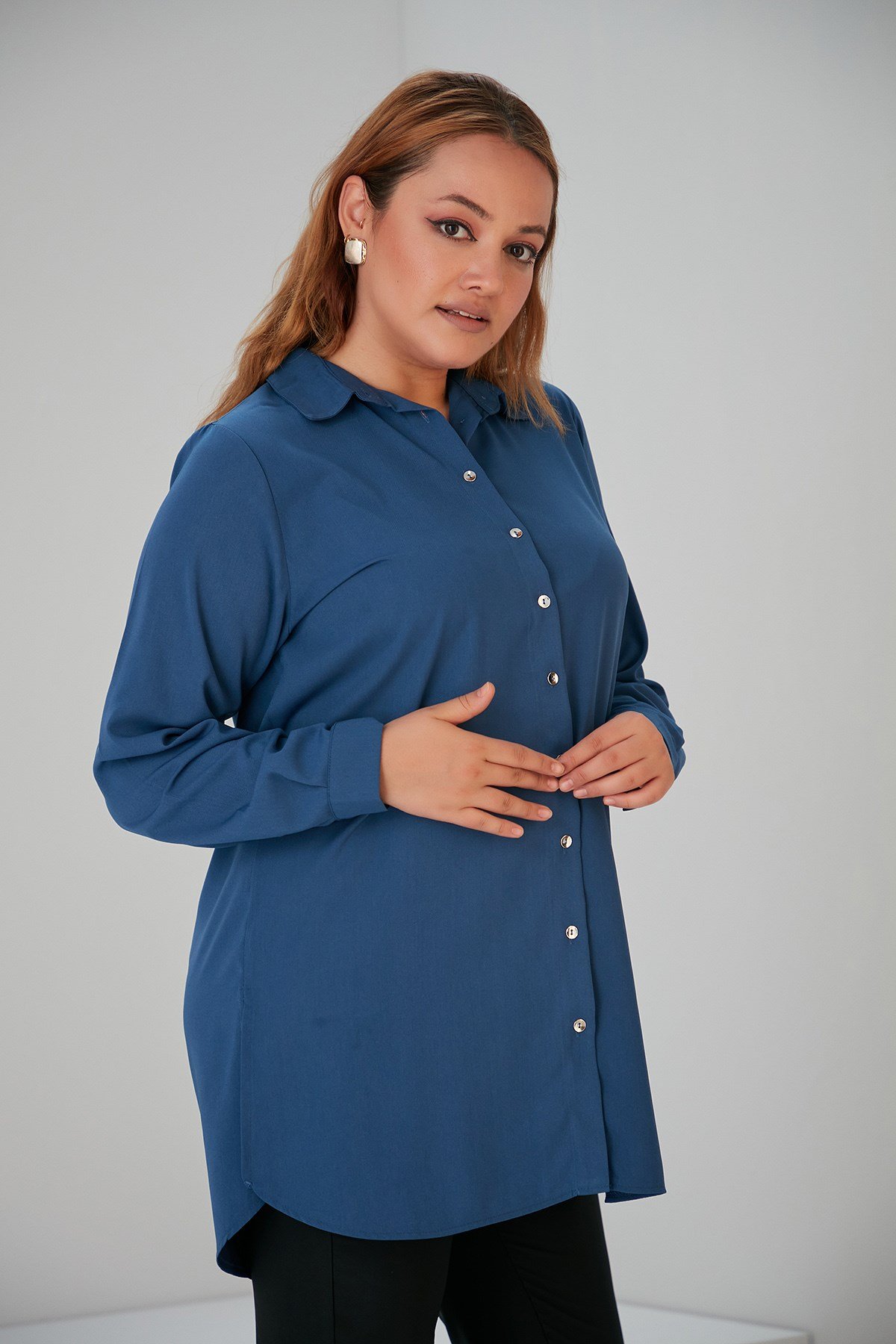 Rmg Yanları Yırtmaçlı Büyük Beden İndigo Gömlek