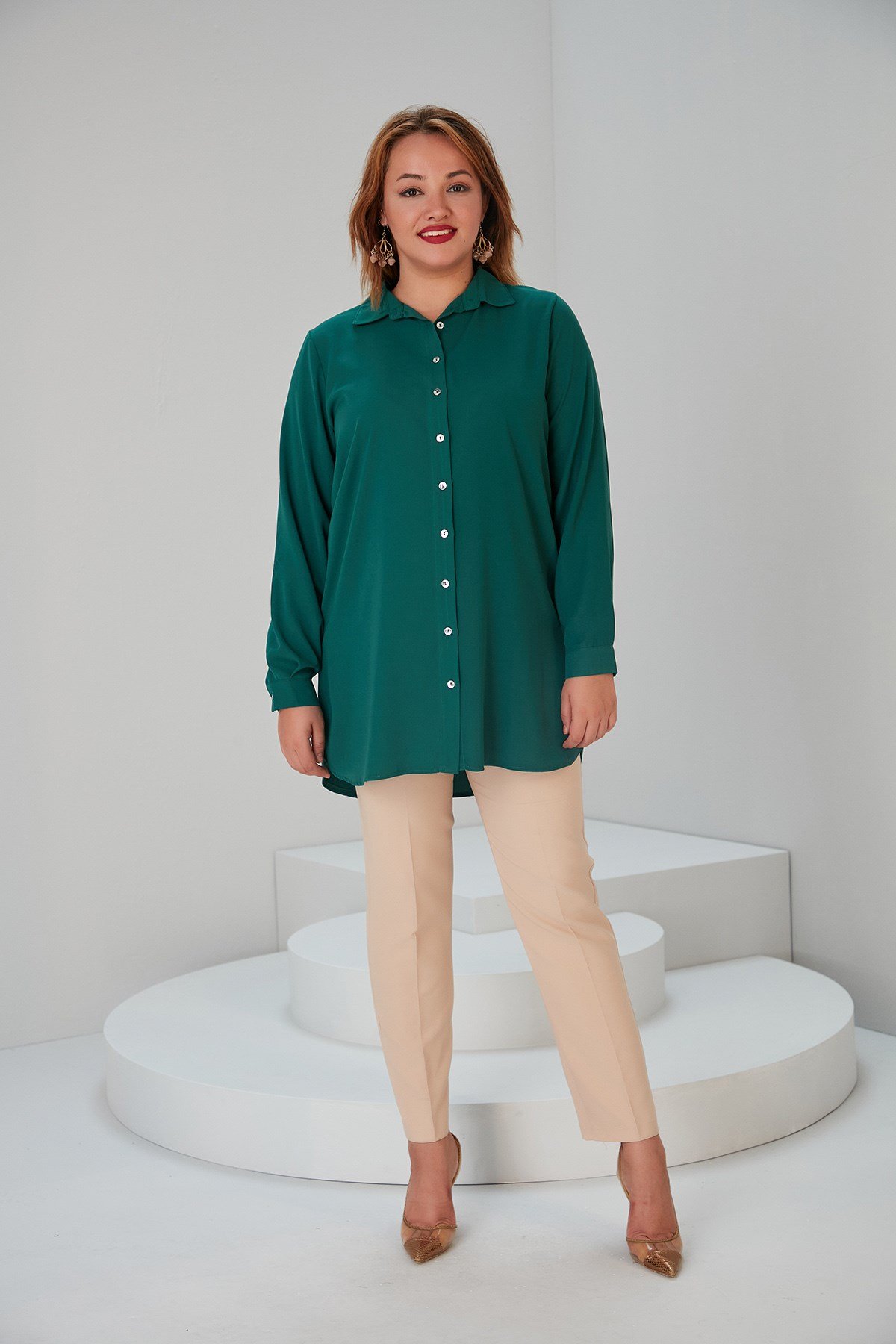 Rmg Yanları Yırtmaçlı Büyük Beden Zümrüt Gömlek