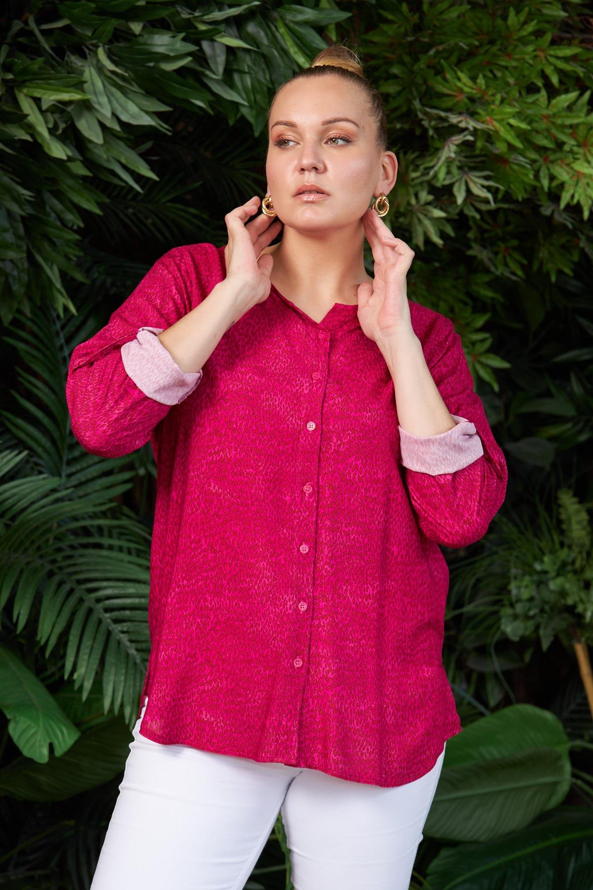 Rmg Yanları Yırtmaçlı Uzun Kol Büyük Beden Fuşya Bluz