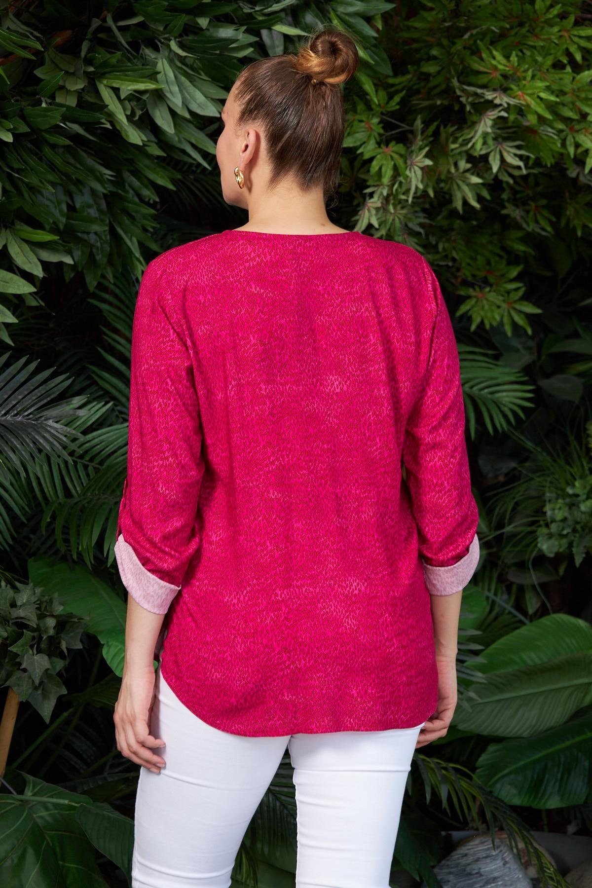 Rmg Yanları Yırtmaçlı Uzun Kol Büyük Beden Fuşya Bluz