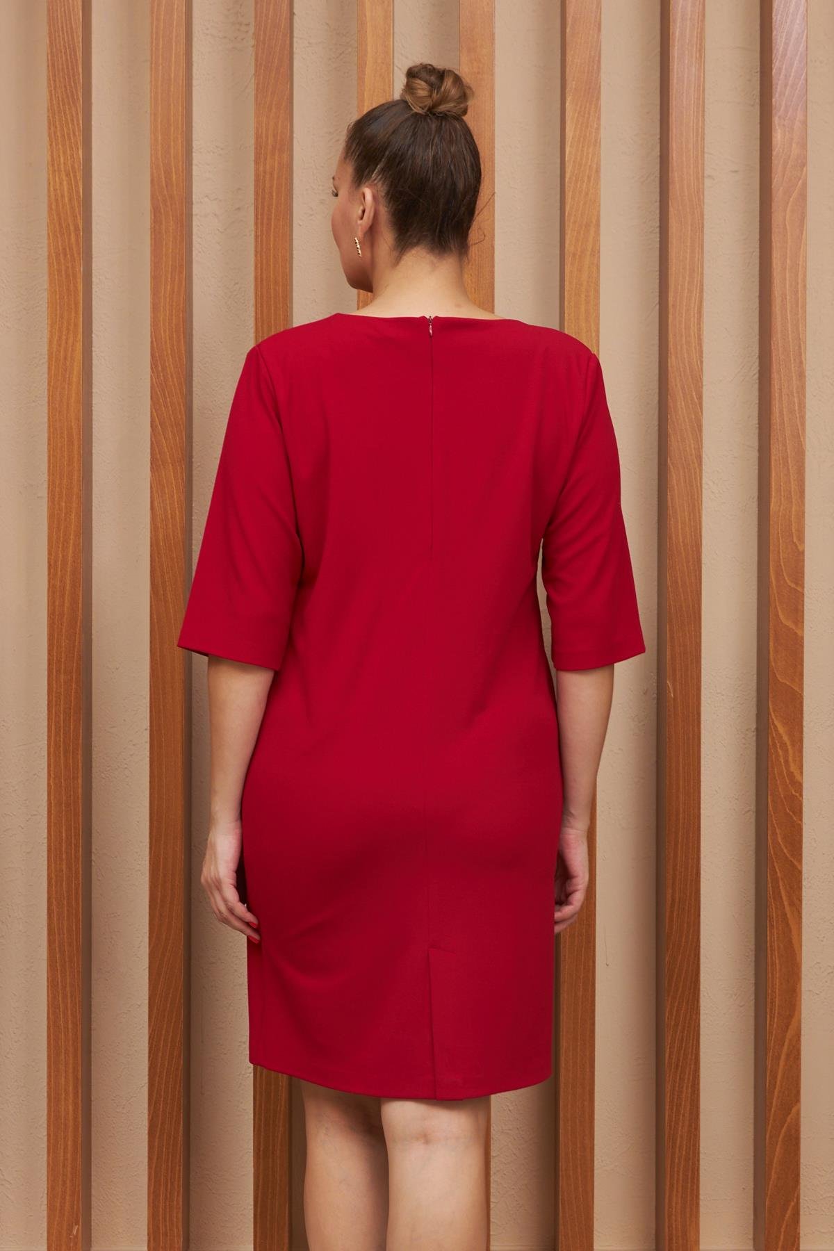 Rmg Yarım Kol Arkadan Yırtmaçlı Büyük Beden Kırmızı Elbise