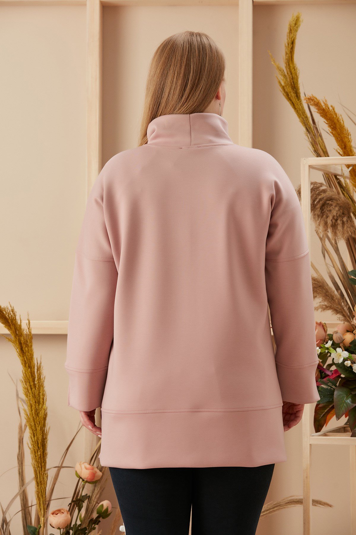 Rmg Yırtmaç Detaylı Boğazlı Gül Büyük Beden Sweatshirt