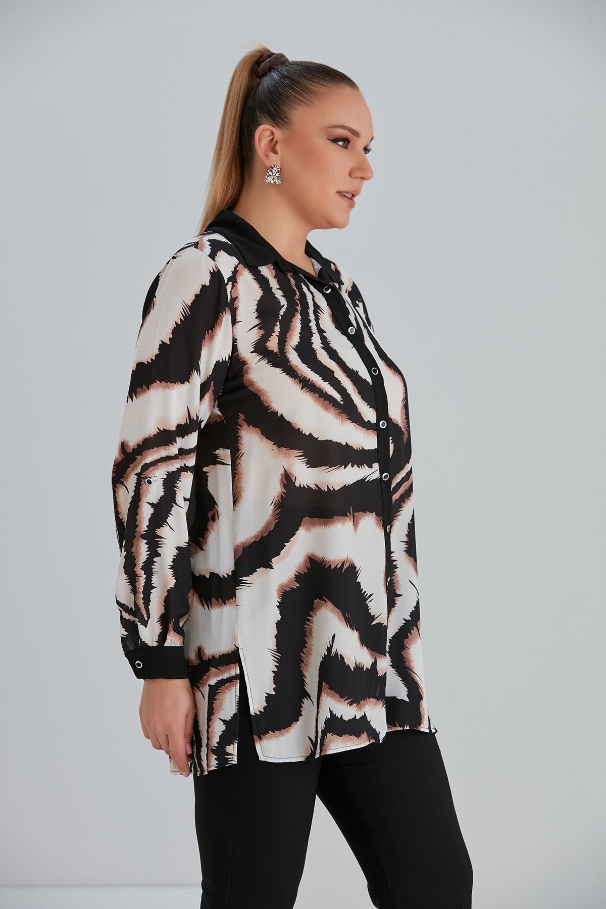 Rmg Zebra Desen Büyük Beden Siyah Gömlek