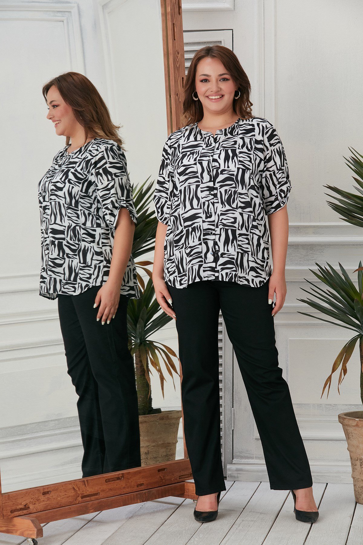 Rmg Zebra Desenli Hakim Yaka Büyük Beden Siyah Gömlek