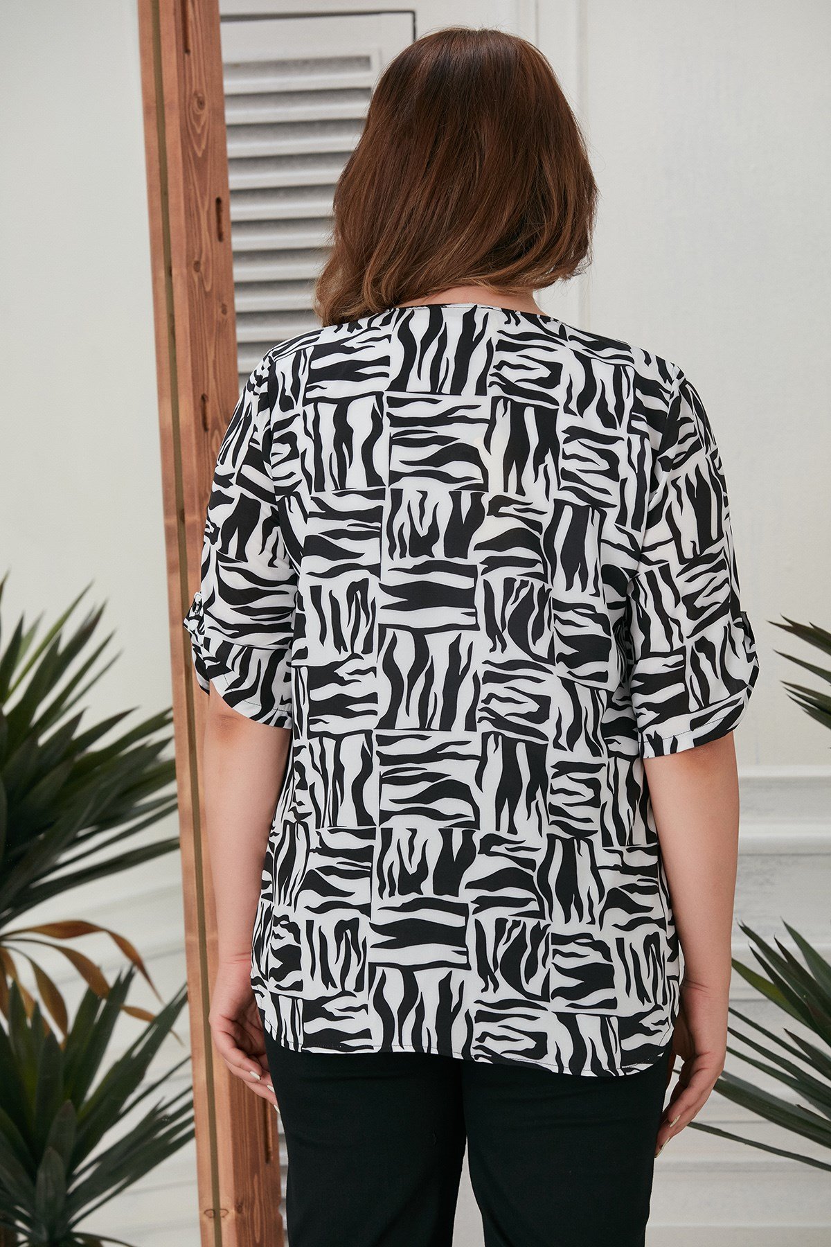 Rmg Zebra Desenli Hakim Yaka Büyük Beden Siyah Gömlek