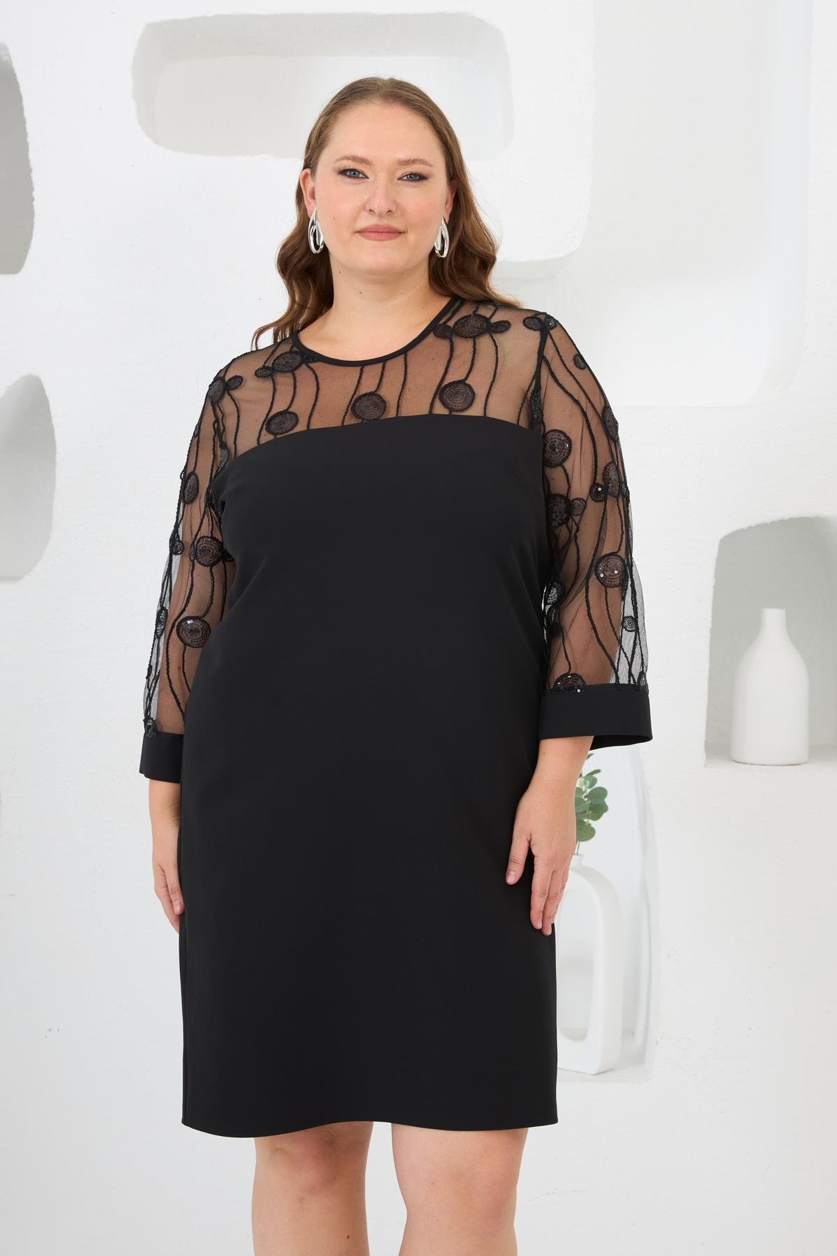 Roba Dantelli Büyük Beden Abiye Elbise Siyah