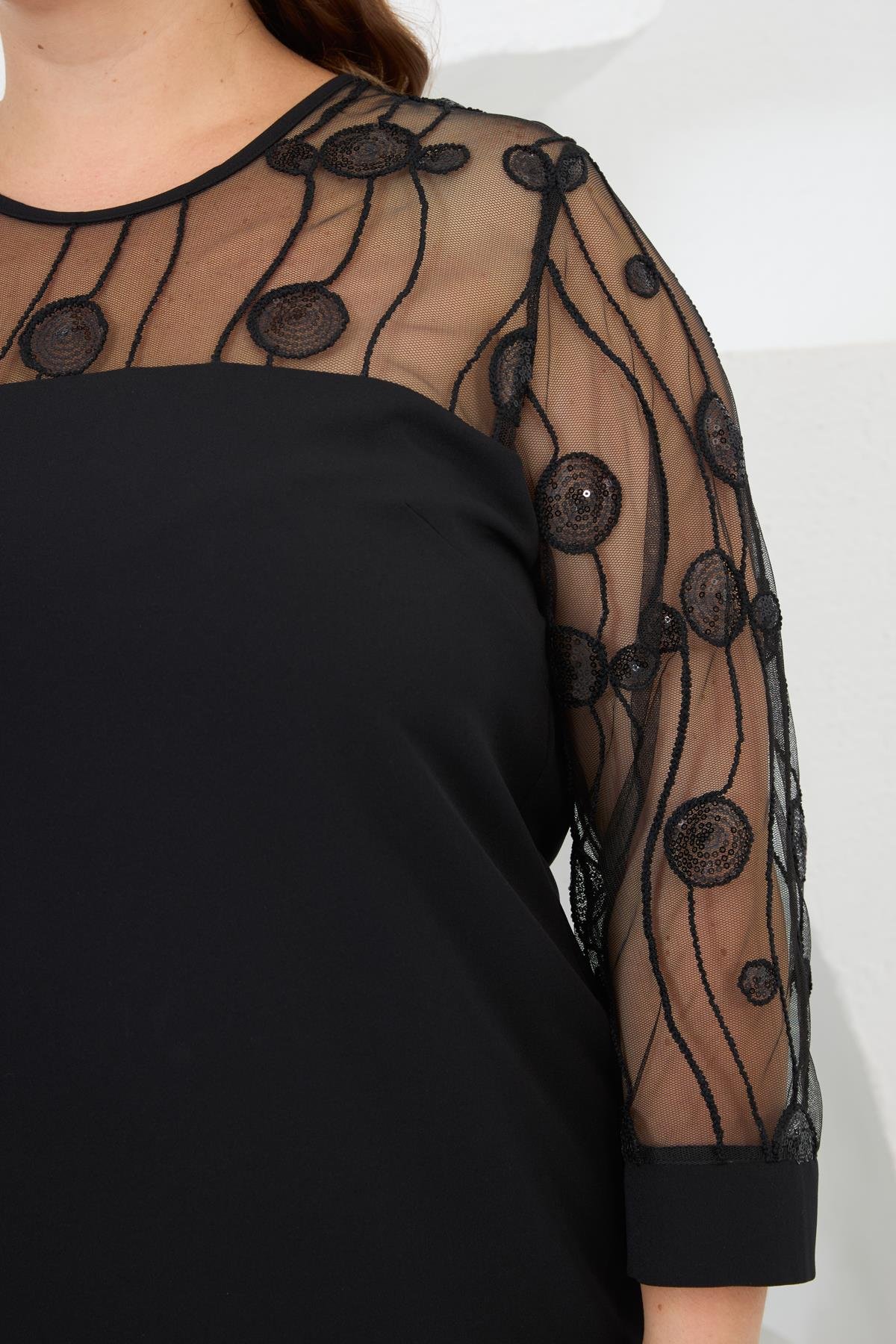 Roba Dantelli Büyük Beden Abiye Elbise Siyah