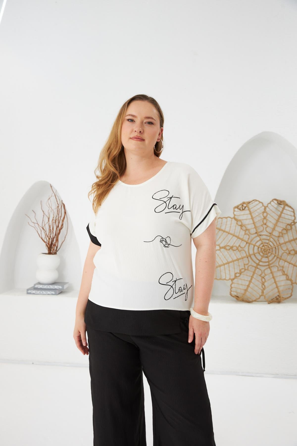 Stay Yazılı Büyük Beden Bluz-Pantolon Takım Siyah