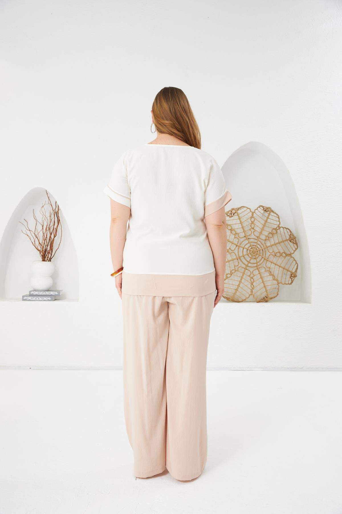 Stay Yazılı Büyük Beden Bluz-Pantolon Takım Krem