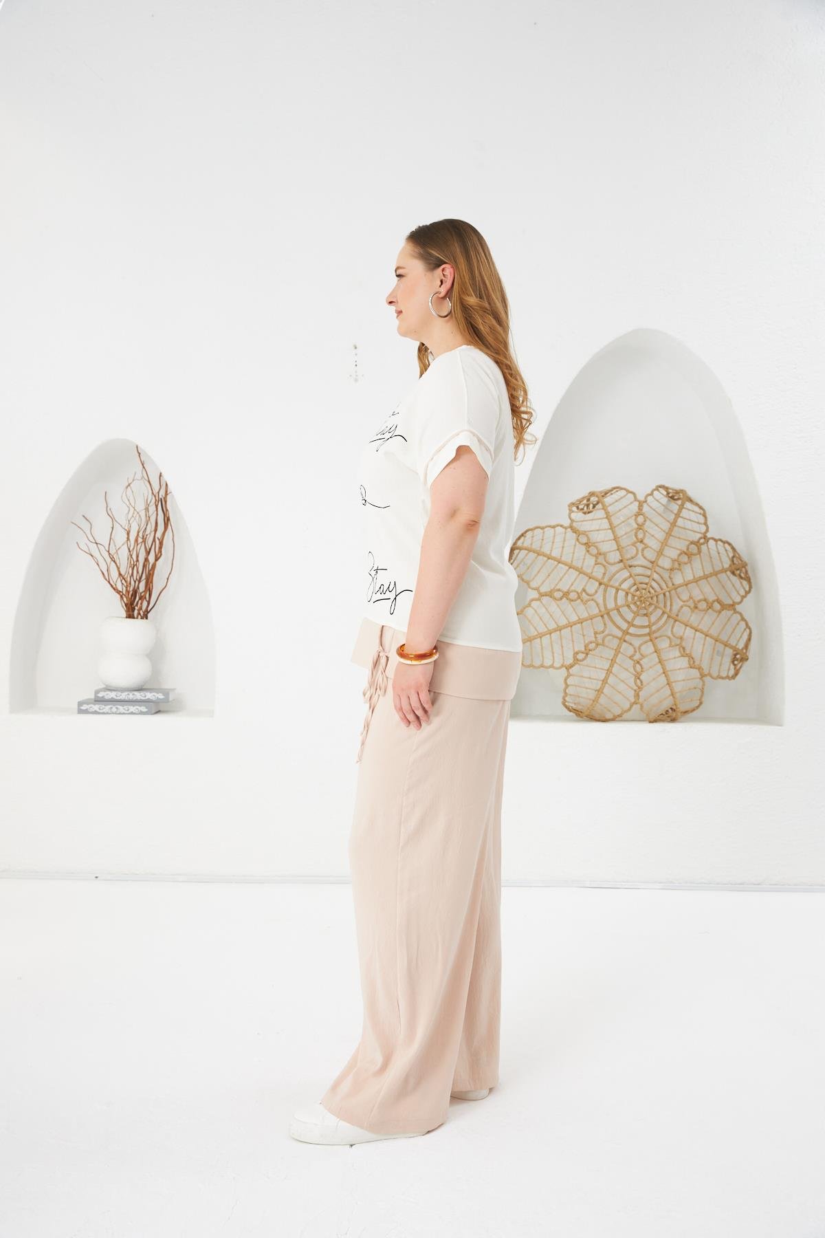 Stay Yazılı Büyük Beden Bluz-Pantolon Takım Krem