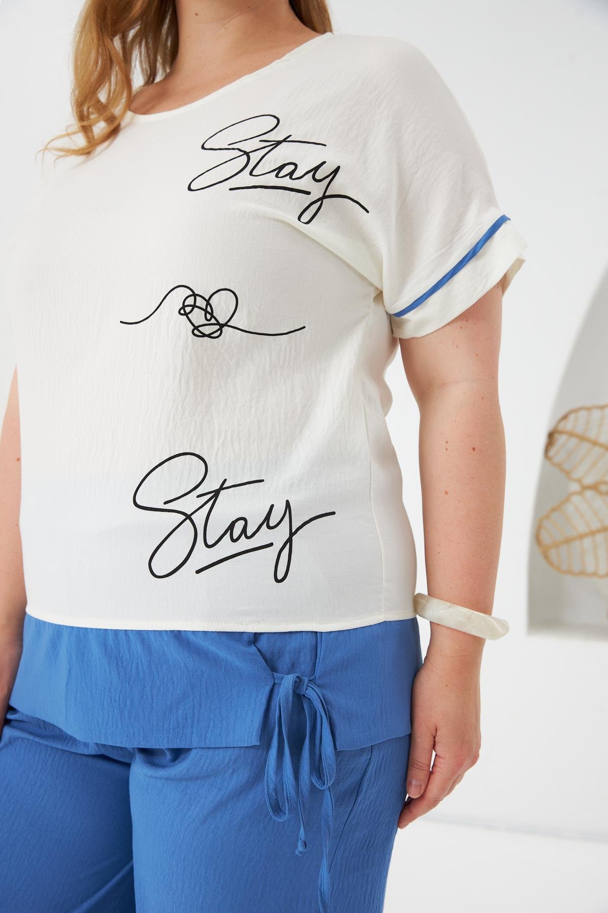 Stay Yazılı Büyük Beden Bluz-Pantolon Takım İndigo