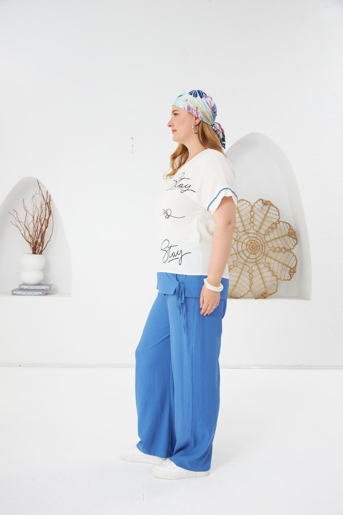 Stay Yazılı Büyük Beden Bluz-Pantolon Takım İndigo