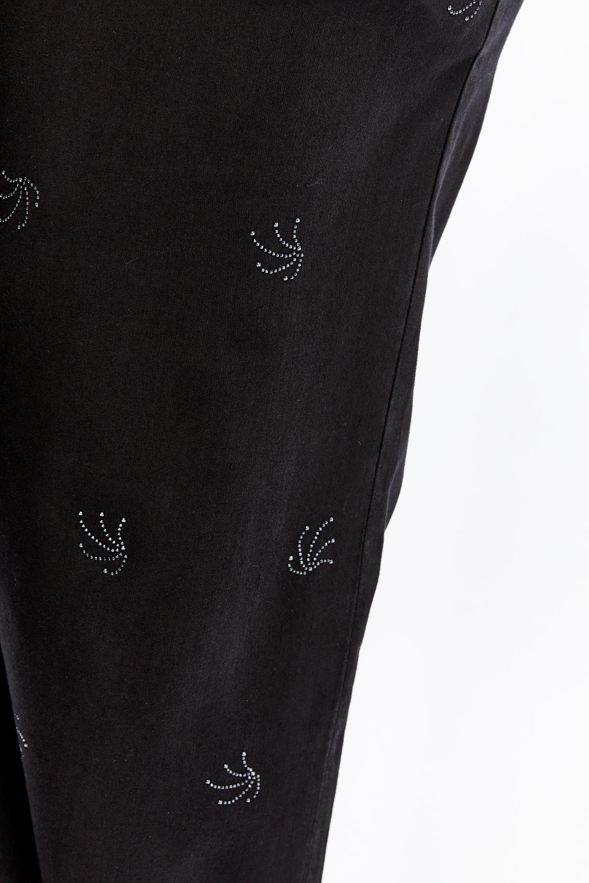 Taş Detaylı Büyük Beden Geniş Paça Pantolon Siyah