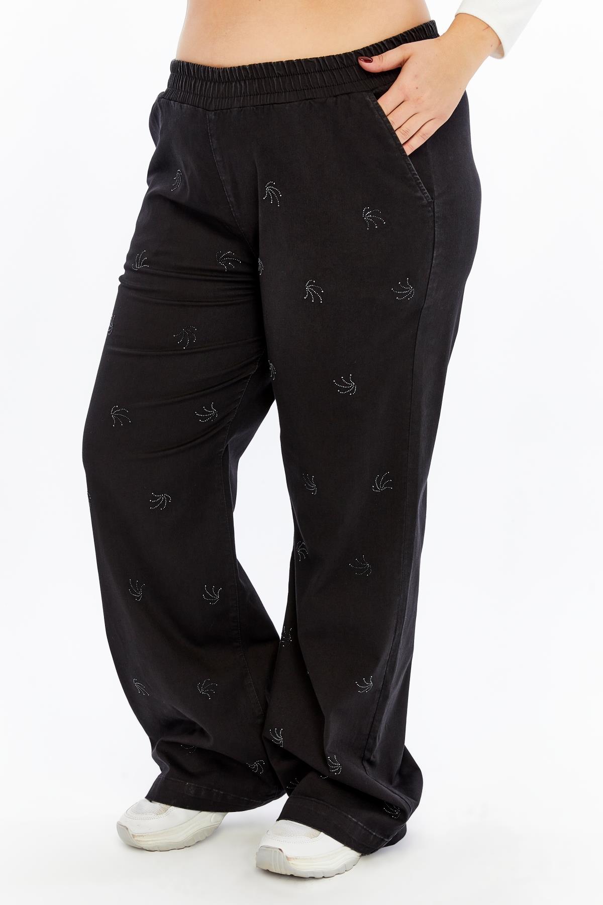 Taş Detaylı Büyük Beden Geniş Paça Pantolon Siyah