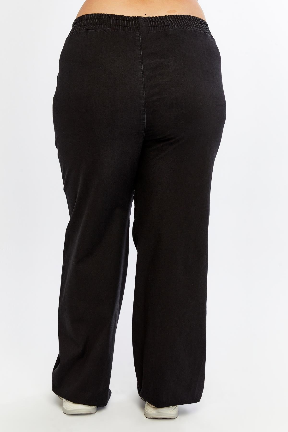 Taş Detaylı Büyük Beden Geniş Paça Pantolon Siyah