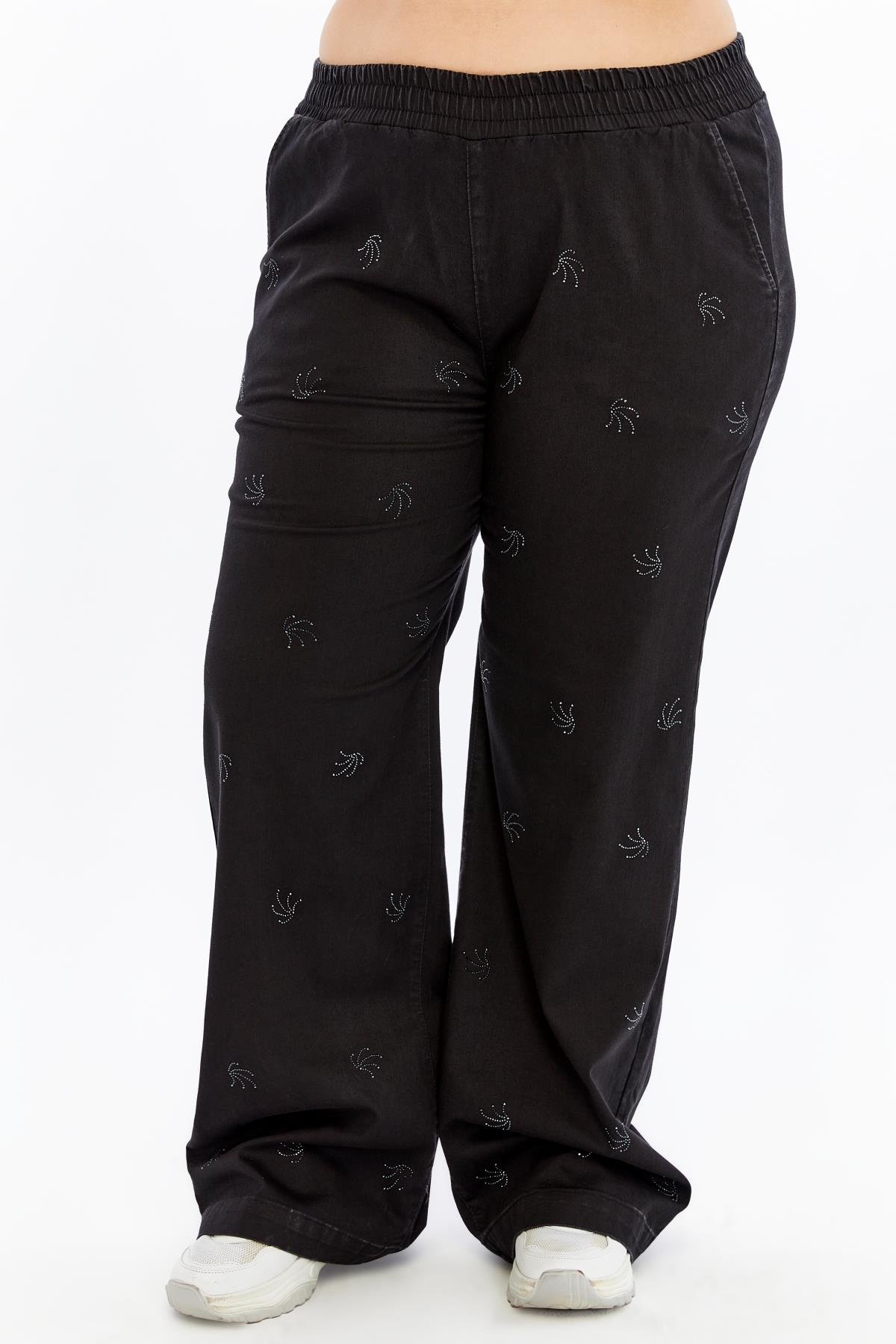 Taş Detaylı Büyük Beden Geniş Paça Pantolon Siyah