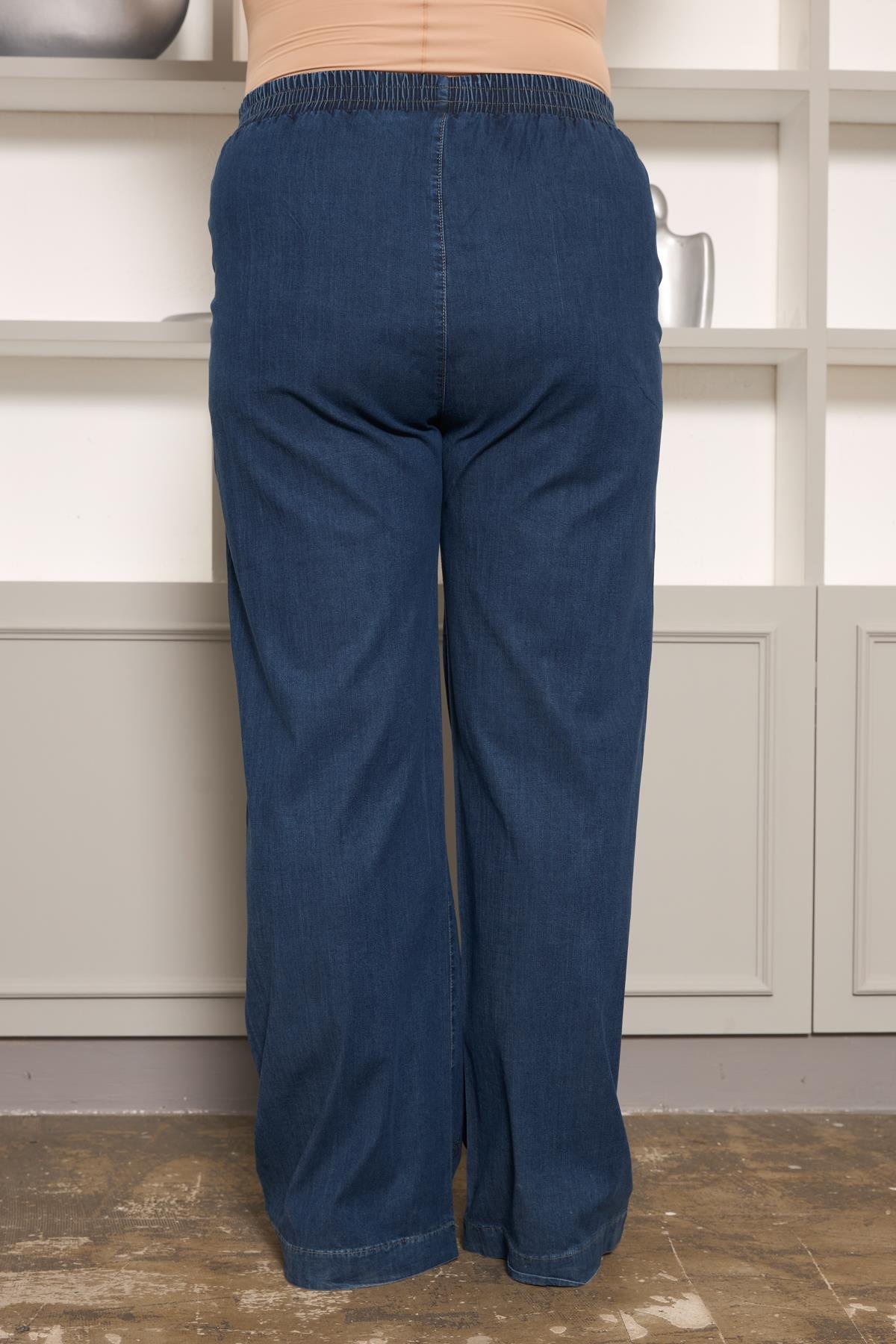 Taş Detaylı Büyük Beden Geniş Paça Pantolon Lacivert