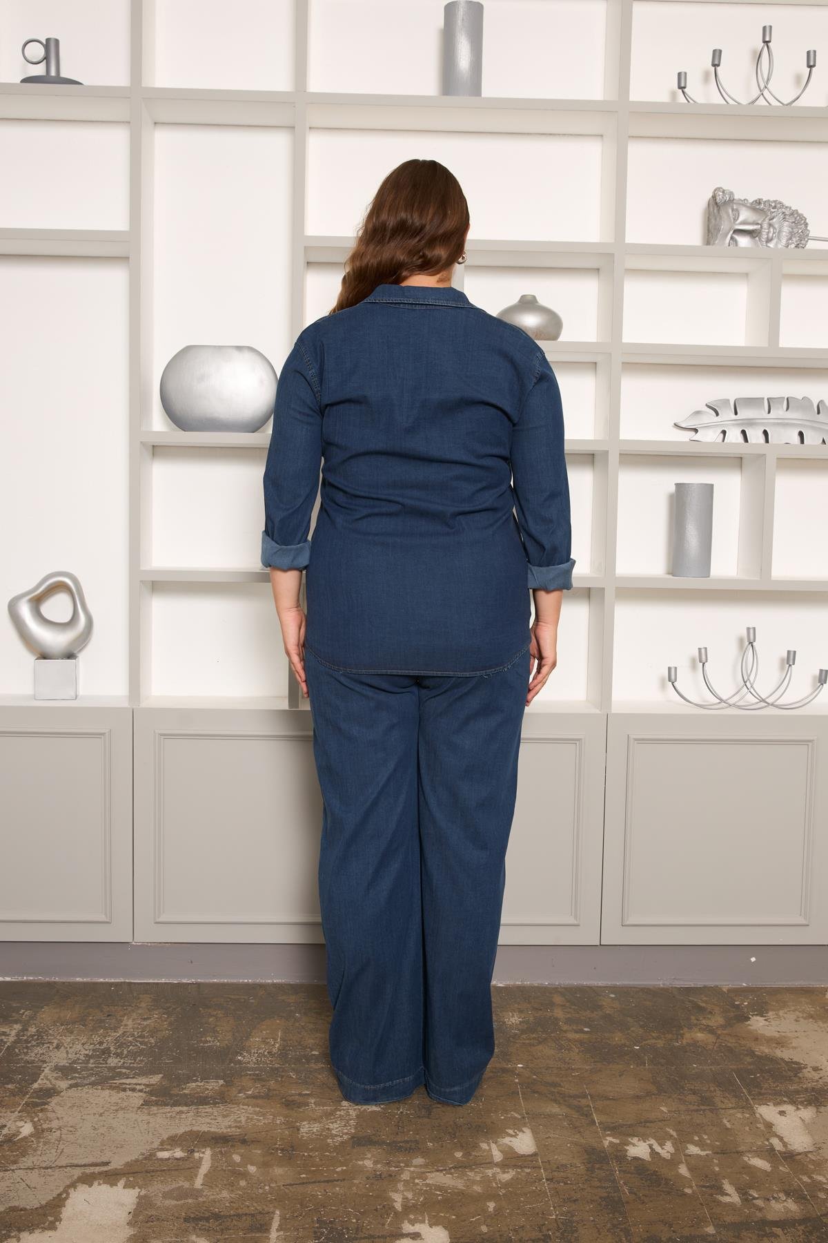 Taş Detaylı Büyük Beden Gömlek Lacivert