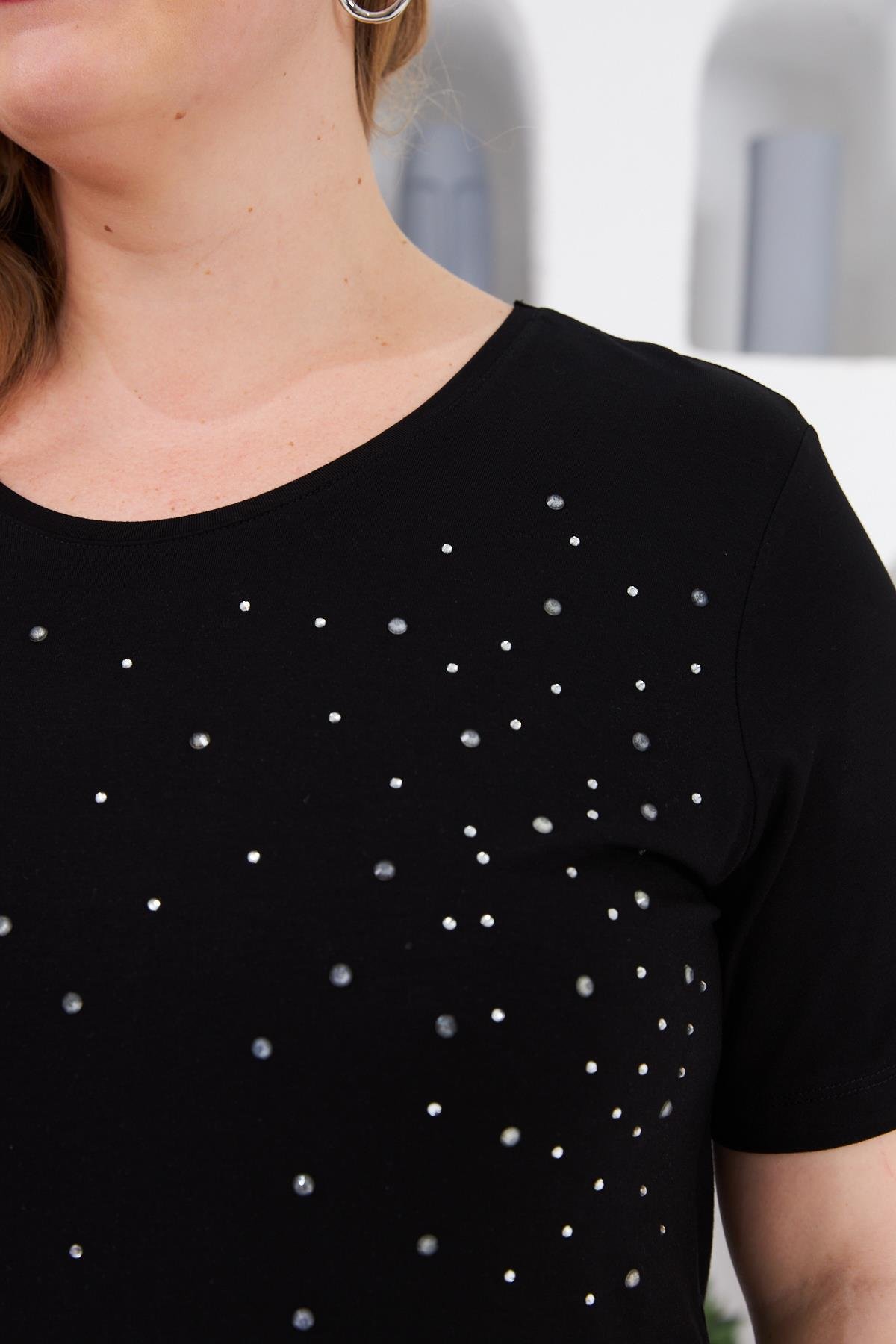 Taş İşlemeli Bisiklet Yaka Büyük Beden Tişört Siyah