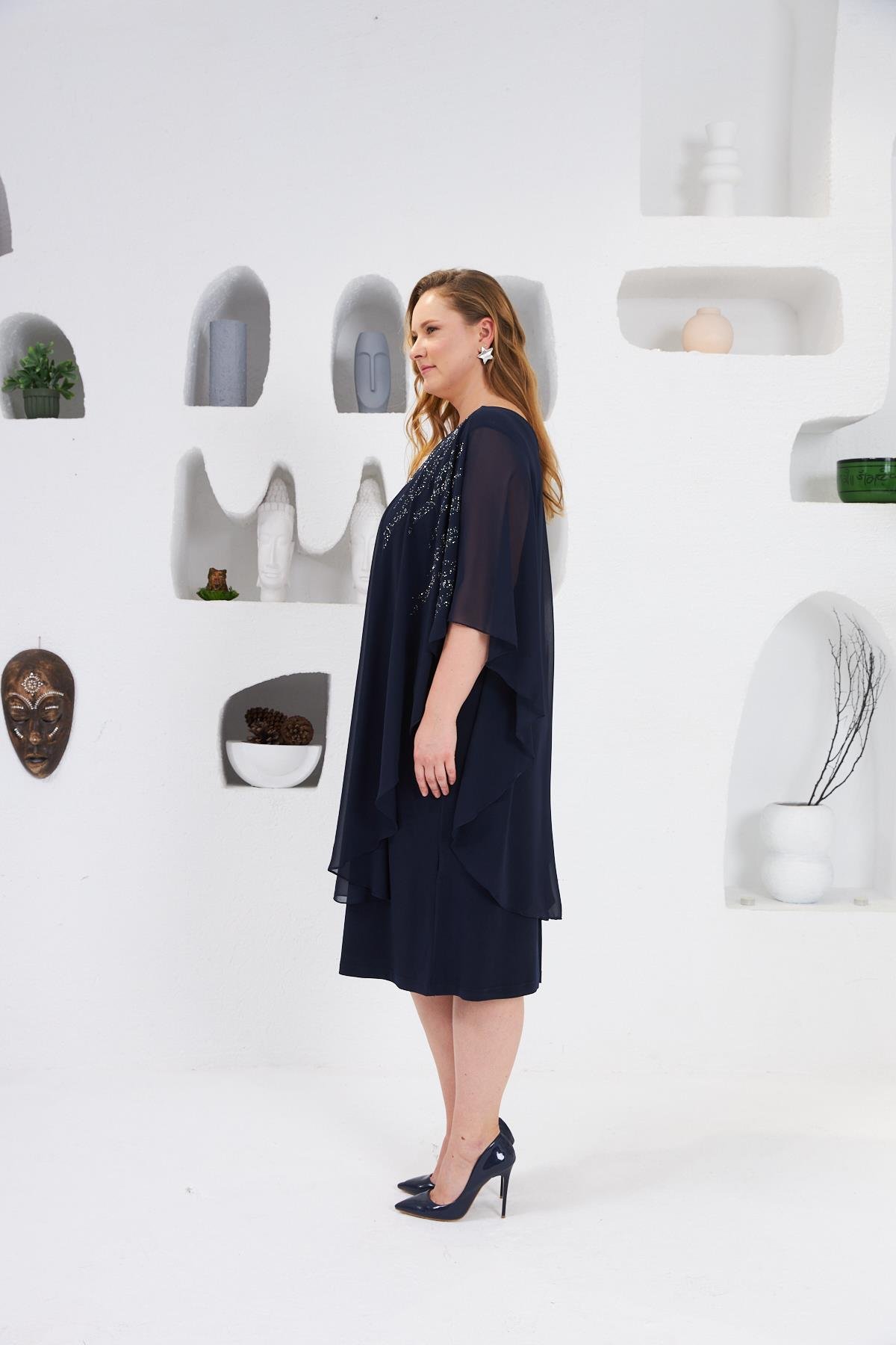 Taş İşlemeli Büyük Beden Abiye Elbise Lacivert