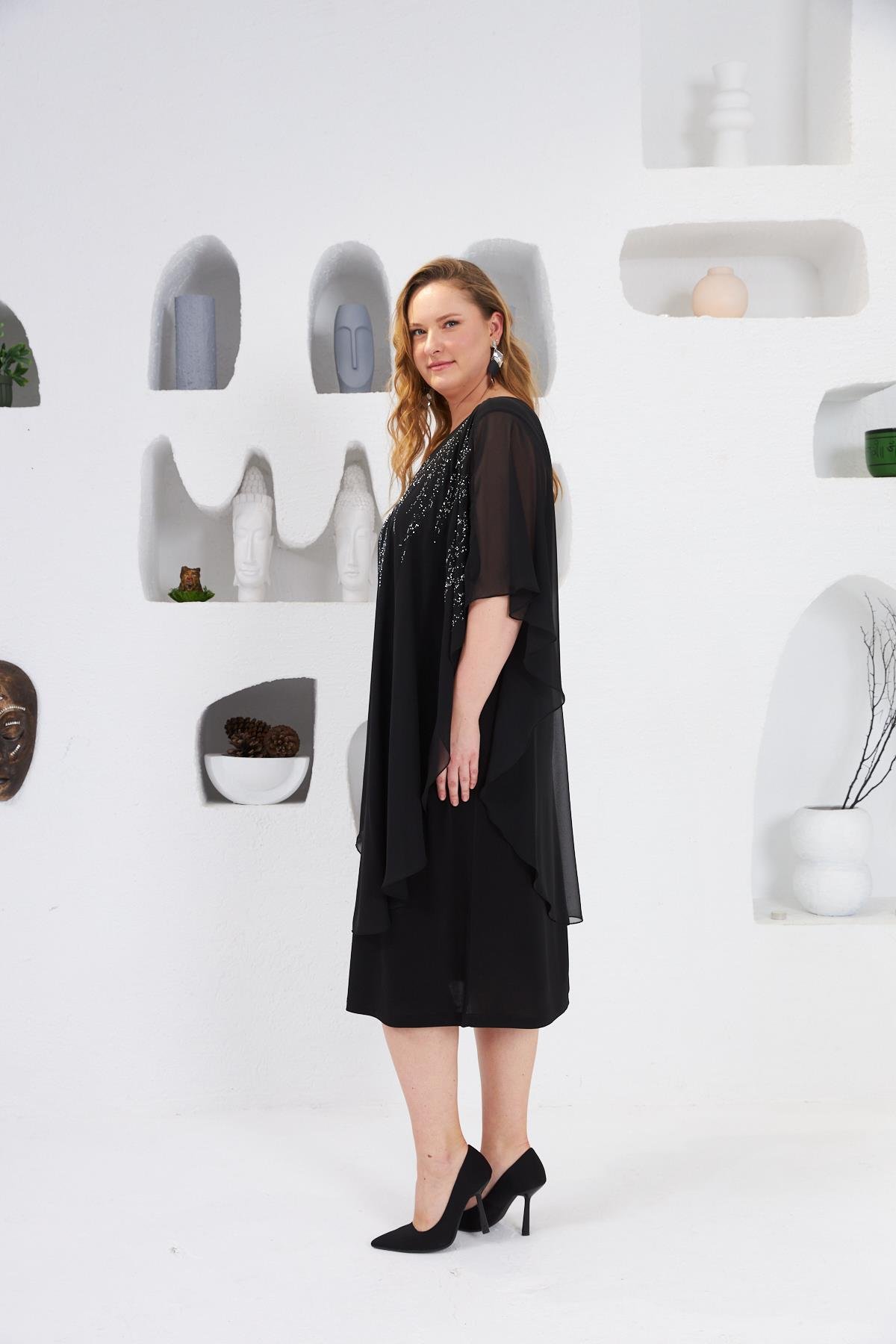 Taş İşlemeli Büyük Beden Abiye Elbise Siyah