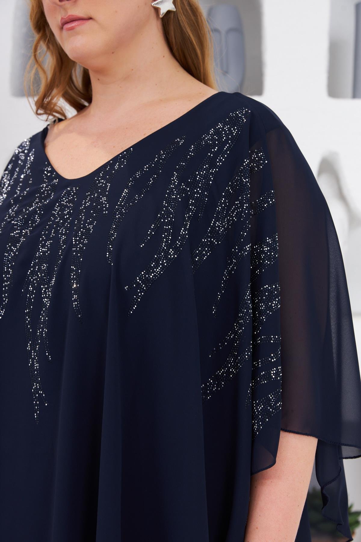 Taş İşlemeli Büyük Beden Abiye Elbise Lacivert