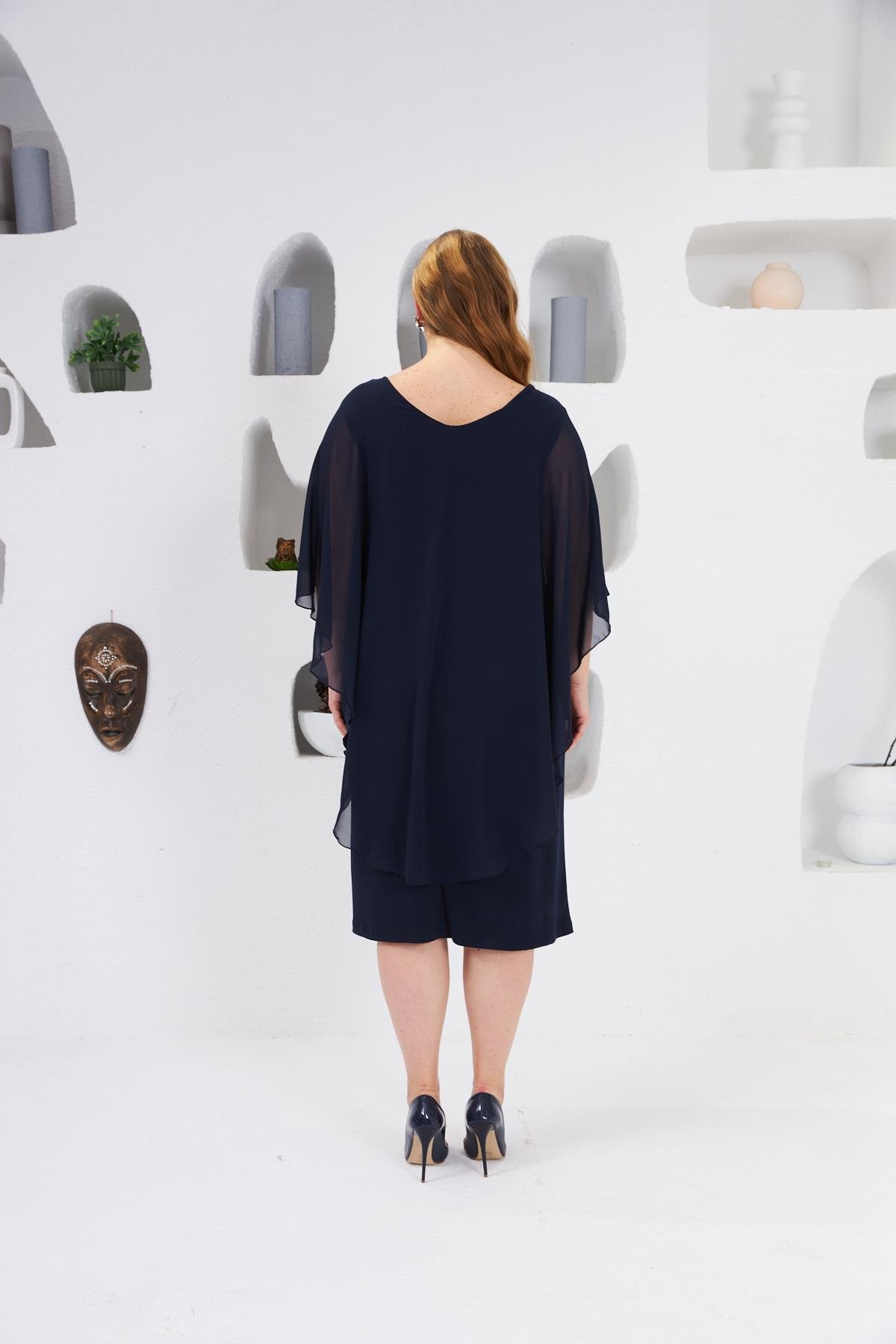 Taş İşlemeli Büyük Beden Abiye Elbise Lacivert