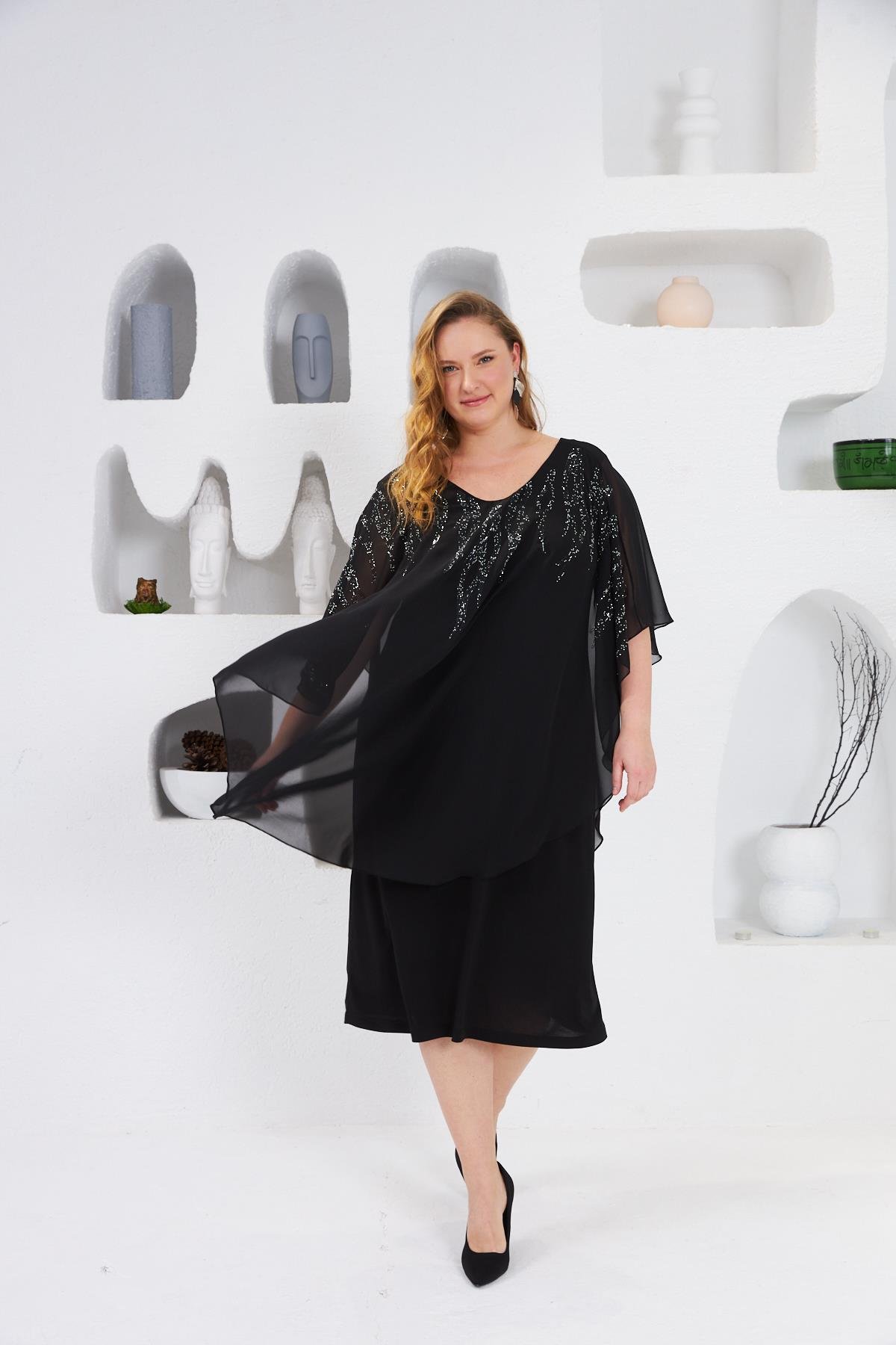 Taş İşlemeli Büyük Beden Abiye Elbise Siyah