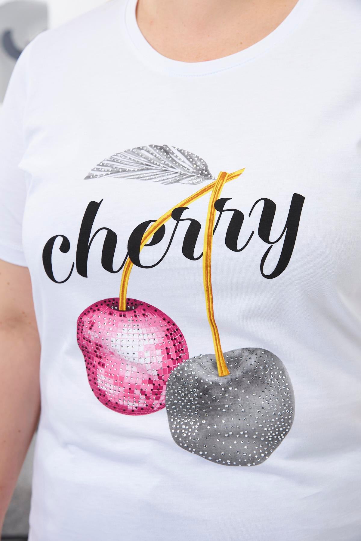 Taş İşlemeli Kiraz Desenli Büyük Beden Tişört Beyaz