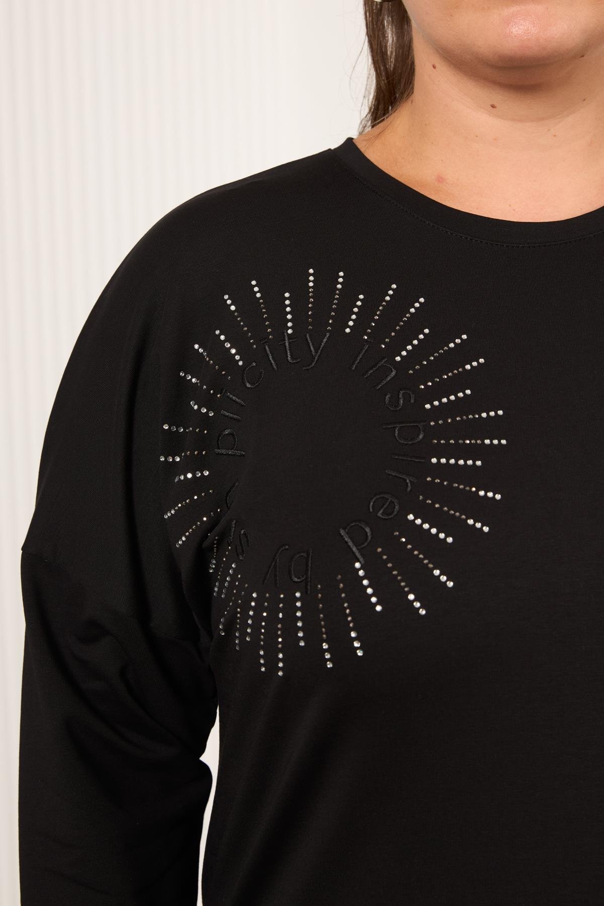 Taş Ve Nakışlı Büyük Beden Sweatshirt Siyah