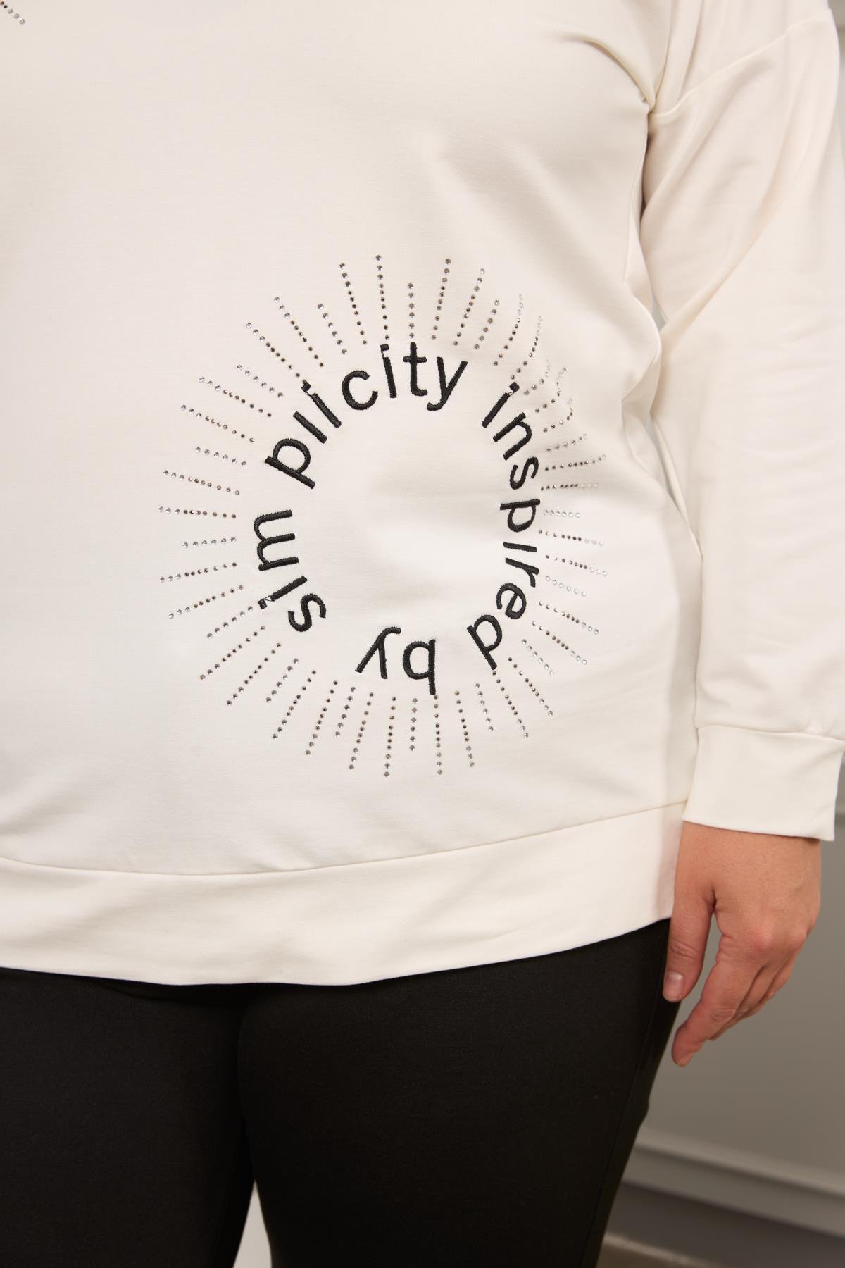 Taş Ve Nakışlı Büyük Beden Sweatshirt Beyaz